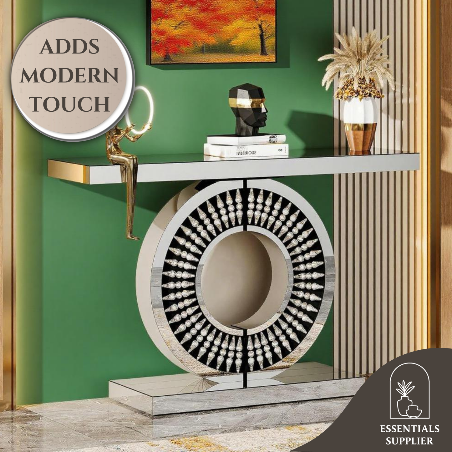 43" Silver Glass Console Table with Crystal Inlays – Modern Entryway Accent