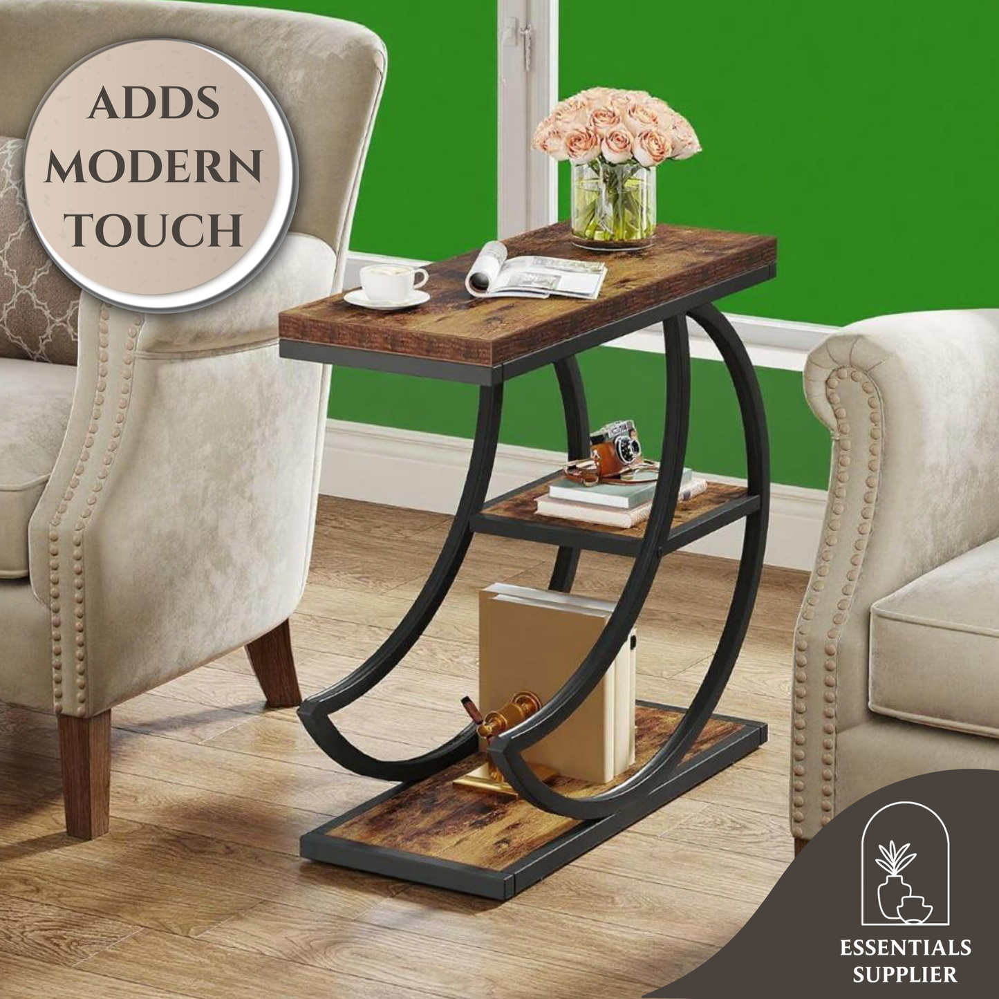 Rustic Industrial 3-Tier Coffee Table with Metal Frame – Narrow End Table Stand