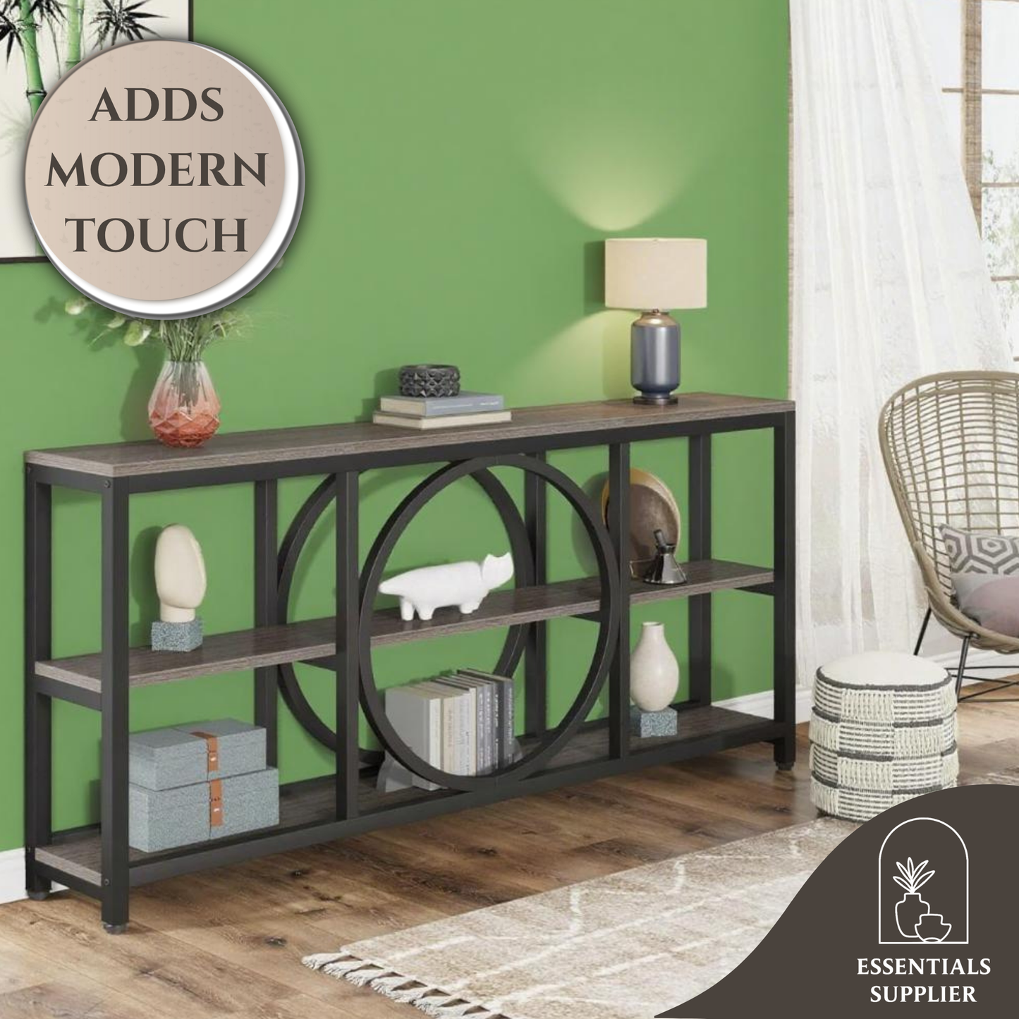 70.9" Rustic Gray Console Table with 3-Tier Shelves – Industrial Entryway Accent