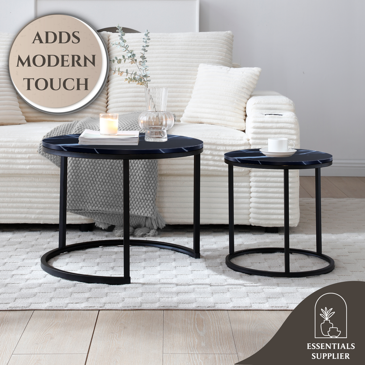 Set of 2 Nesting Coffee Tables – Round Black Frame with Marble Pattern Tops