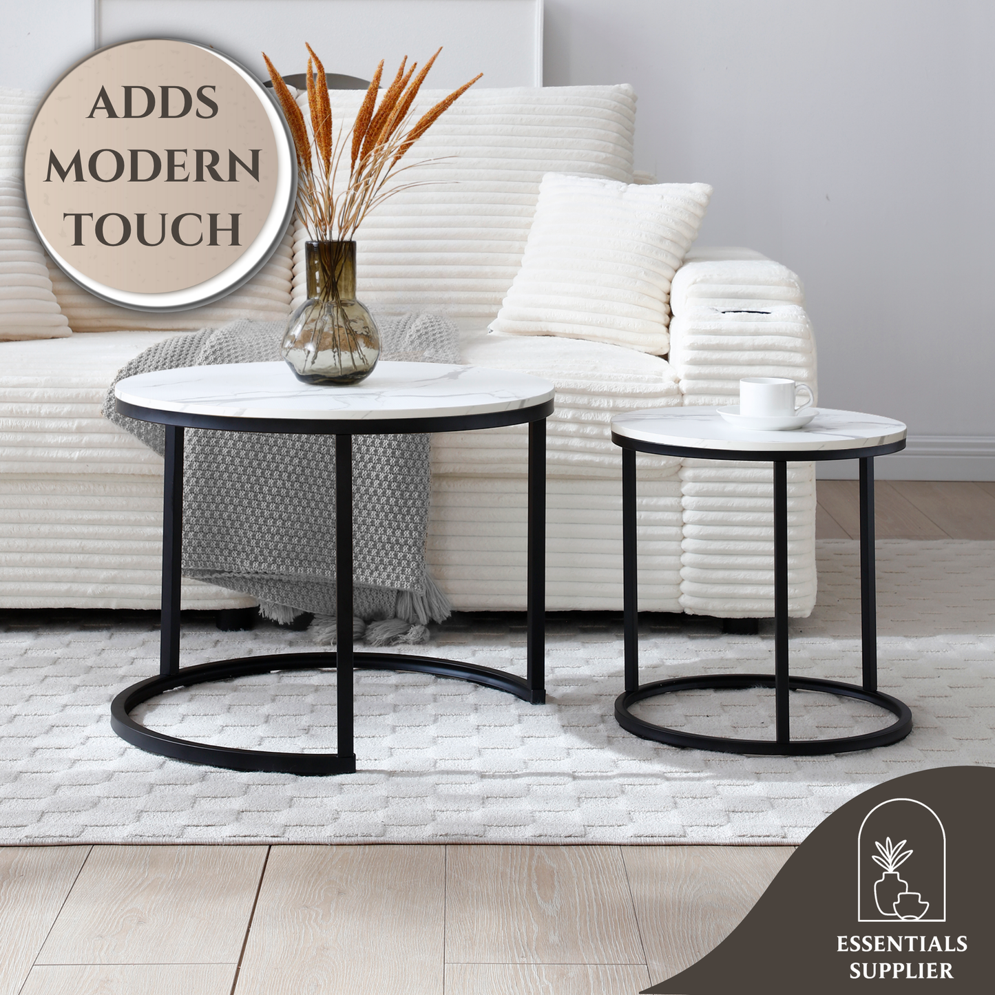 Set of 2 Nesting Coffee Tables – White & Gray Marble Top with Black Metal Frame