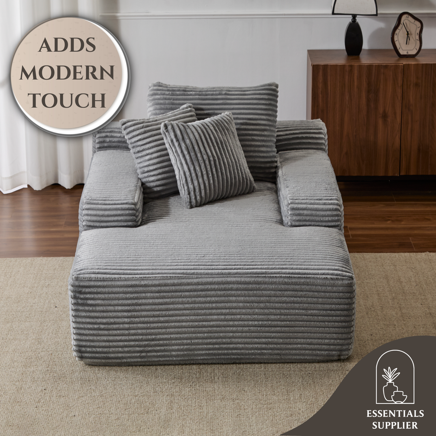 Oversized Chaise Lounge Chair – Plush Corduroy Cloud Couch with 3 Pillows, Grey
