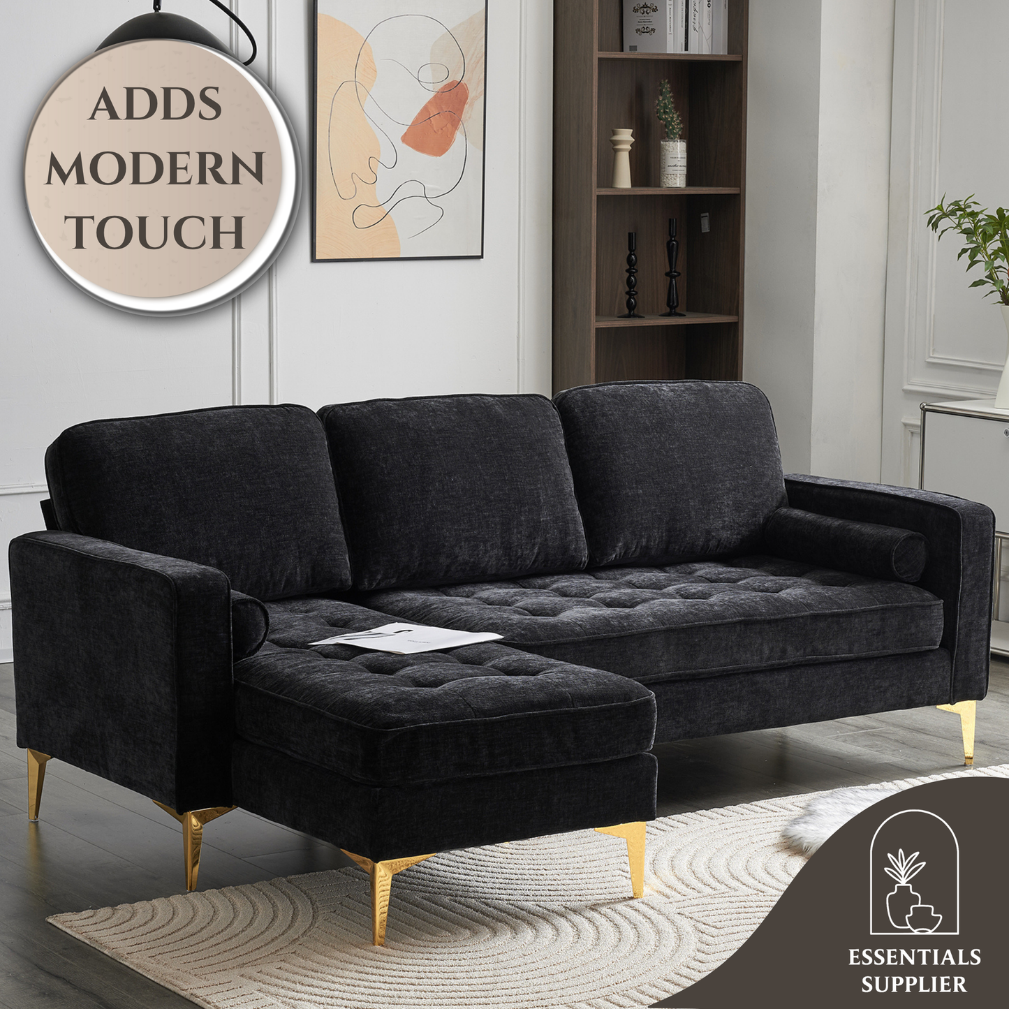 3-Seater Chenille Modular Sofa with Footstool, Gold Legs – Black