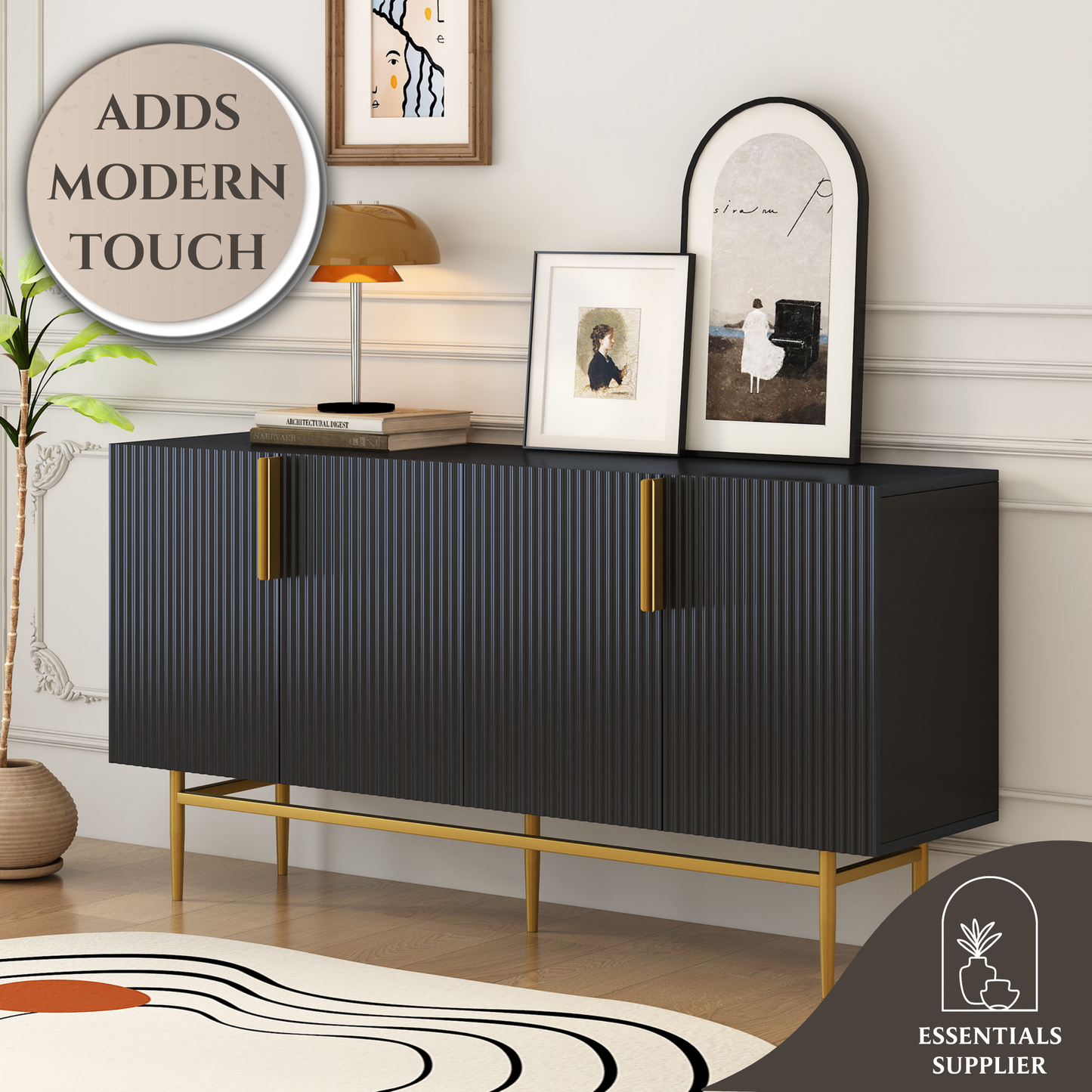 Modern 4-Door Sideboard Buffet Cabinet with Gold Handles, Black for Home Use