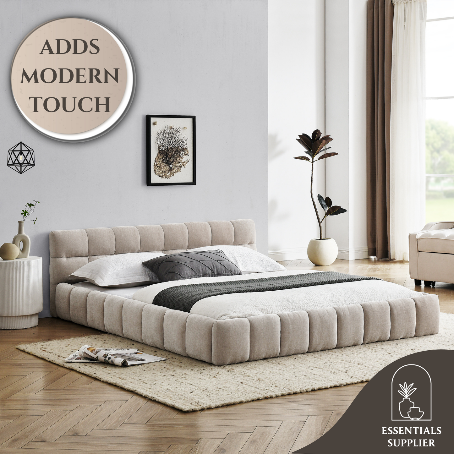 Queen Upholstered Platform Bed Frame with Headboard, Chenille Fabric, Beige