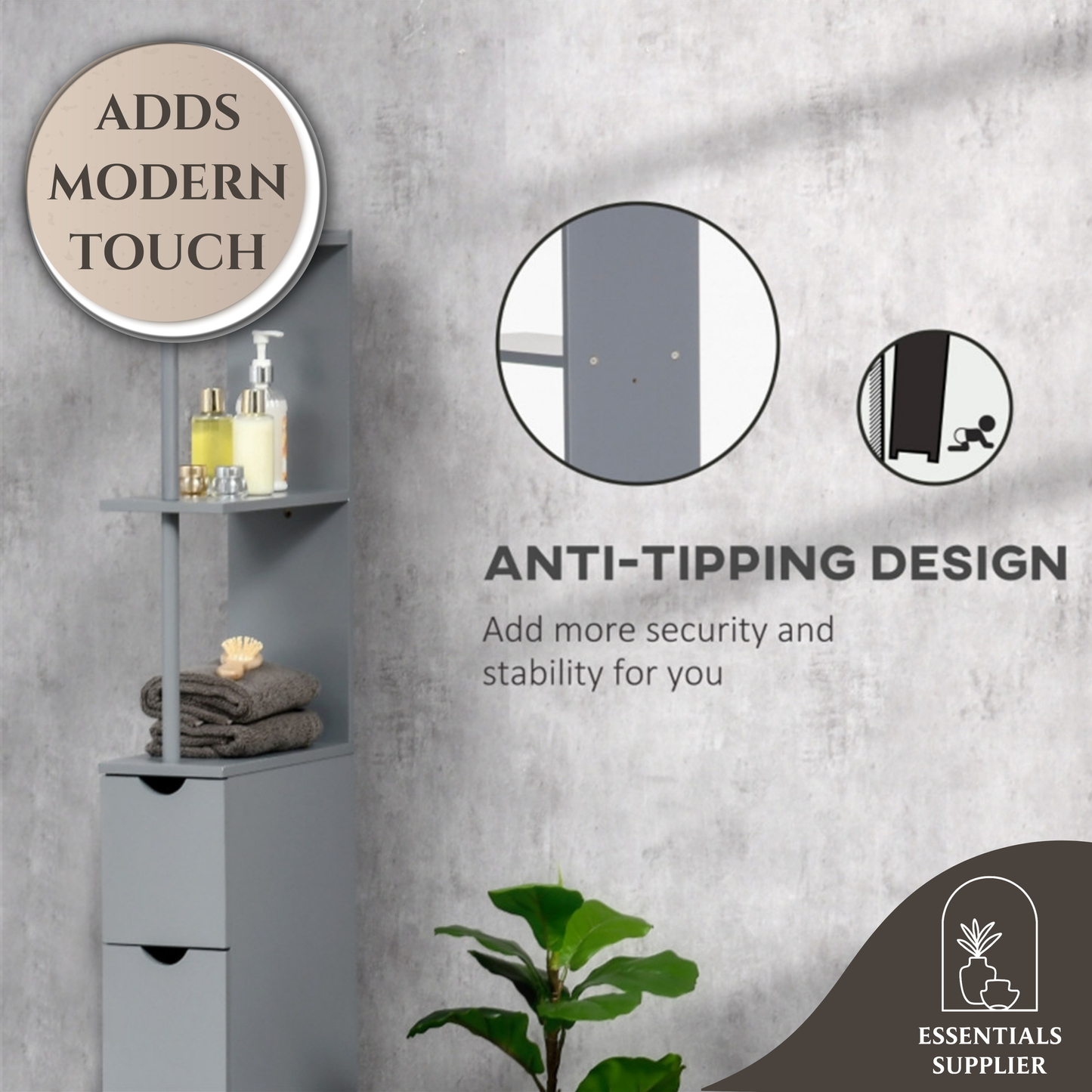 Grey Bathroom Storage Cabinet with Shelves – Compact Organizer Unit