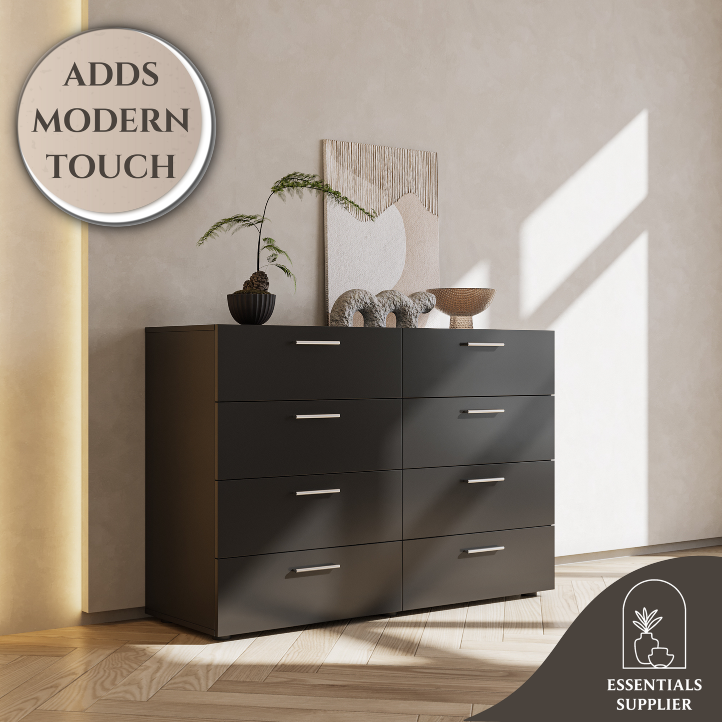 8 Drawer Double Dresser, Wide Storage Cabinet for Bedroom, Living Room, Black