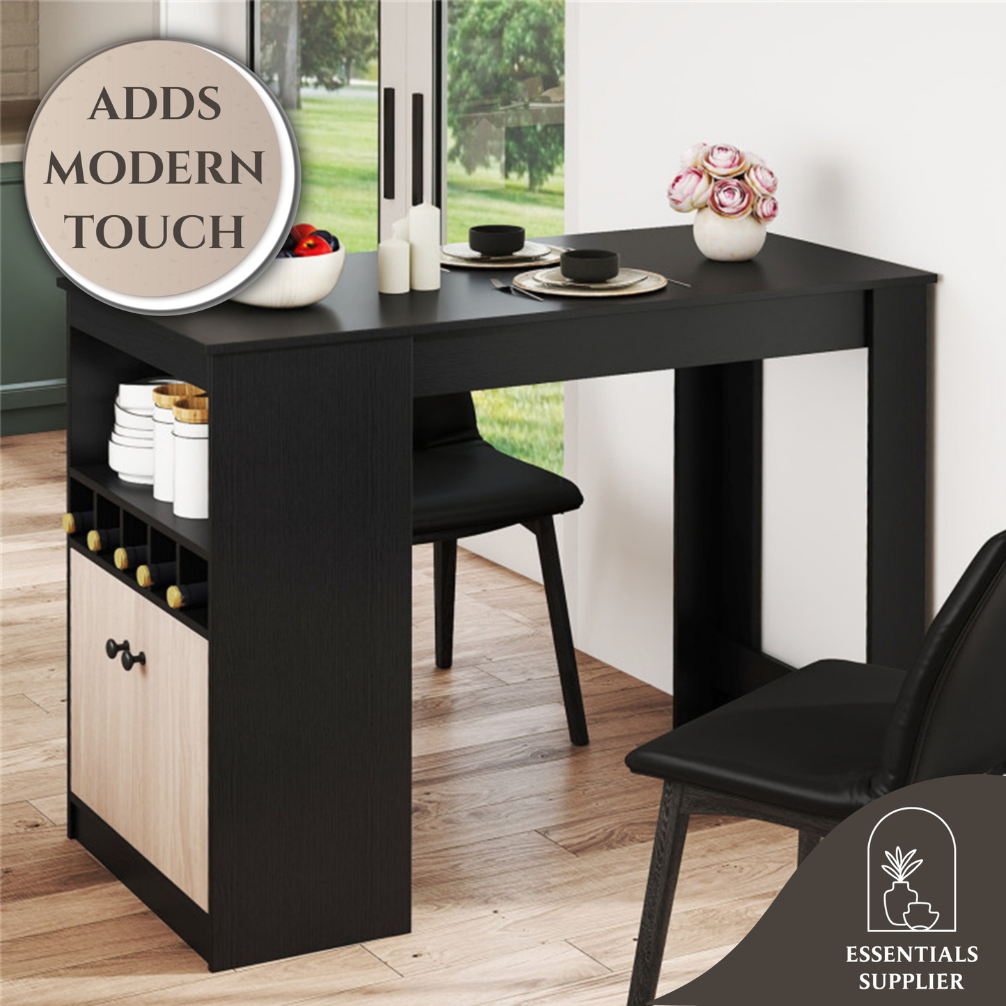 48" Black Kitchen Bar Table with Storage Cabinet and Built-In Wine Rack
