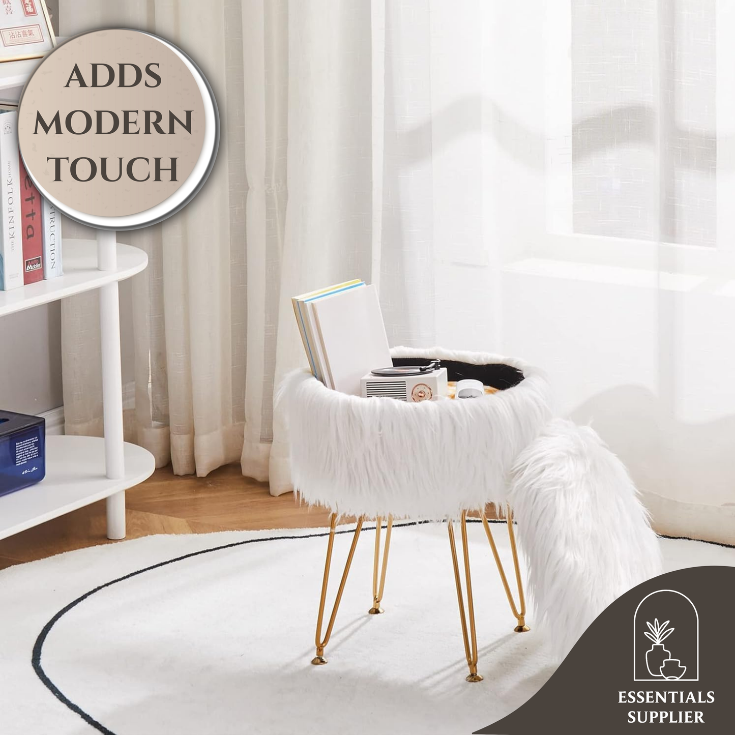 Faux Fur Ottoman Stool with Marble Tray, Footrest & Storage, White Vanity Seat