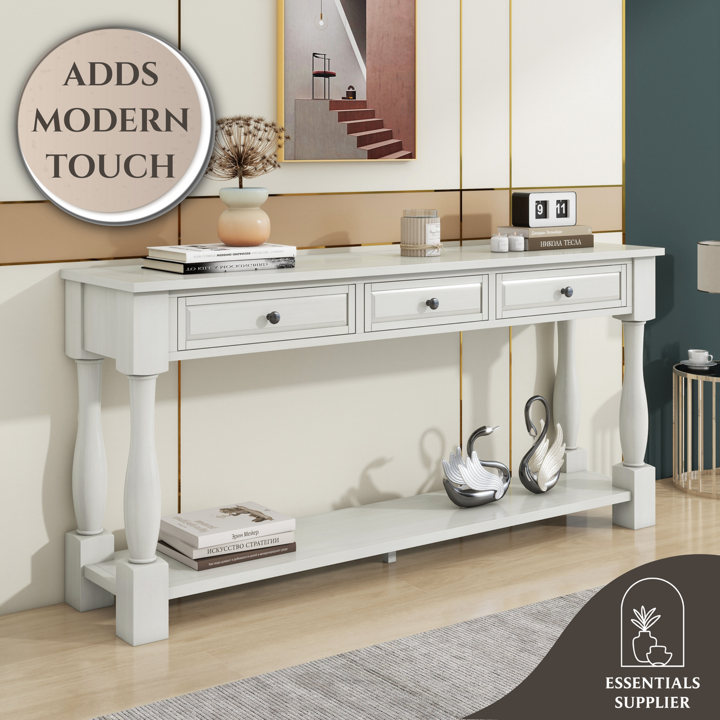 63" White Console Table with Drawers & Shelf for Entryway, Hallway, Living Room