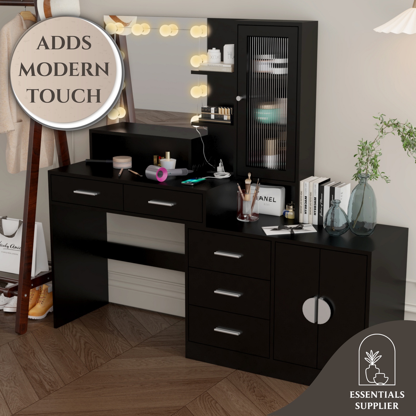 Large Vanity Table with Mirror, LED Lights, Drawers & Charging Station