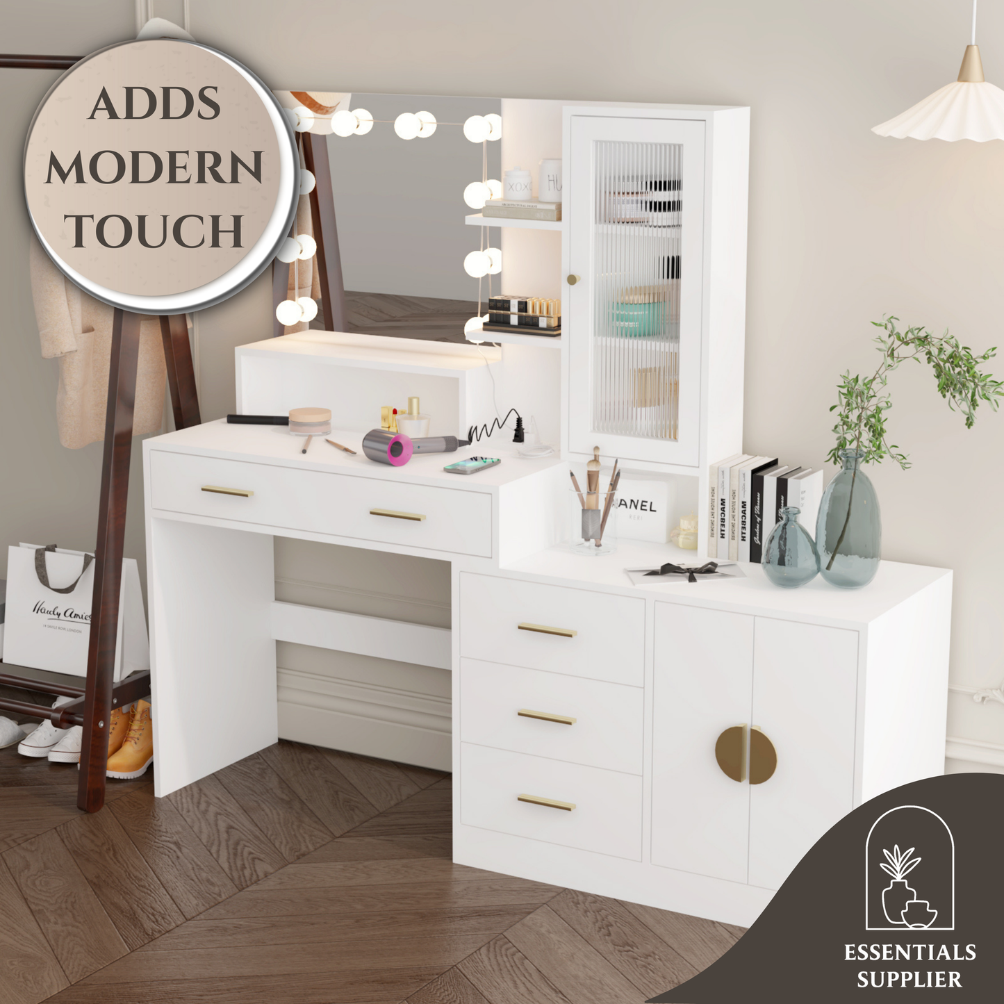 Large Vanity Table with Mirror, LED Lights, Drawers & Charging Station, White