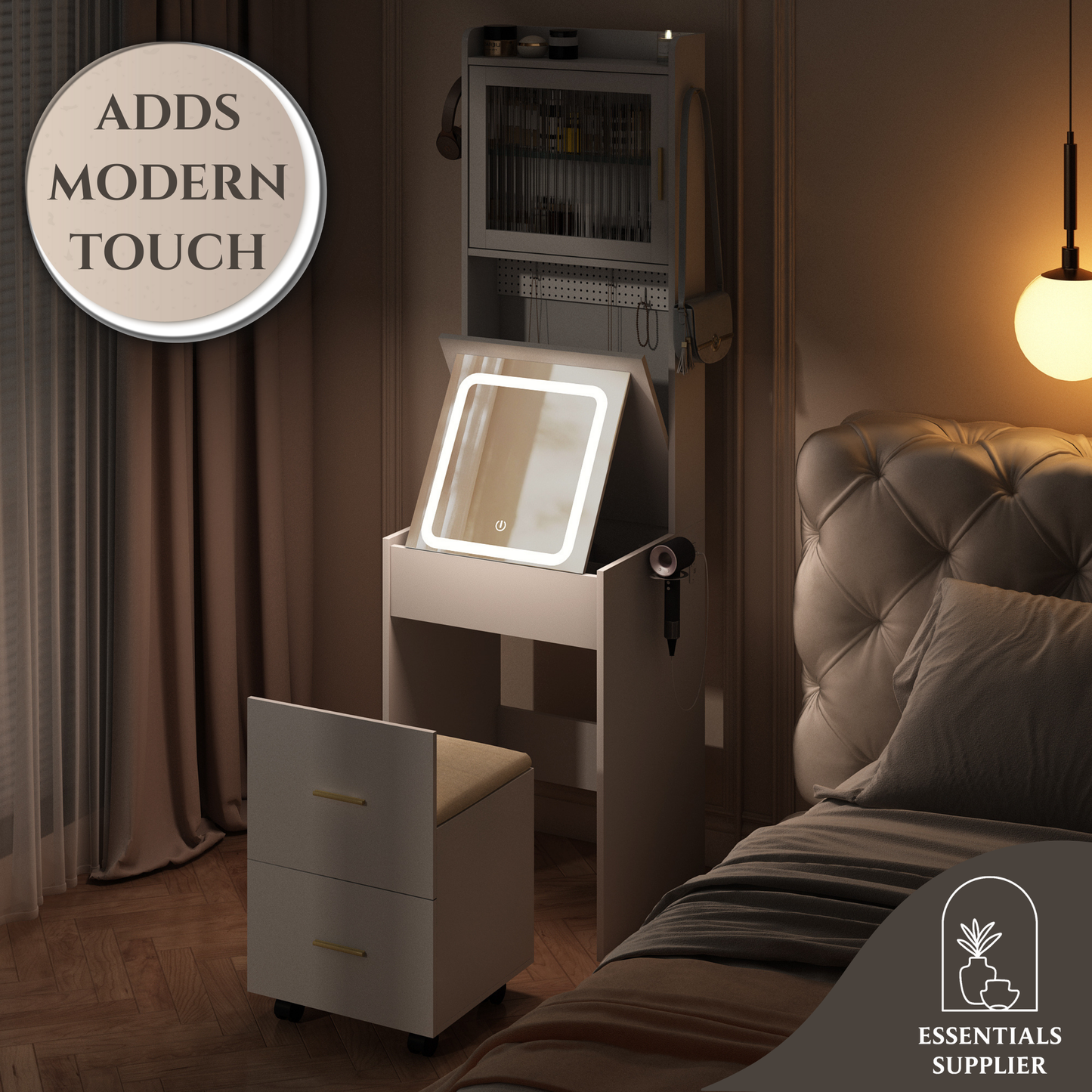 Compact Vanity Desk with Mirror, LED Lights, Charging Station & Stool, White