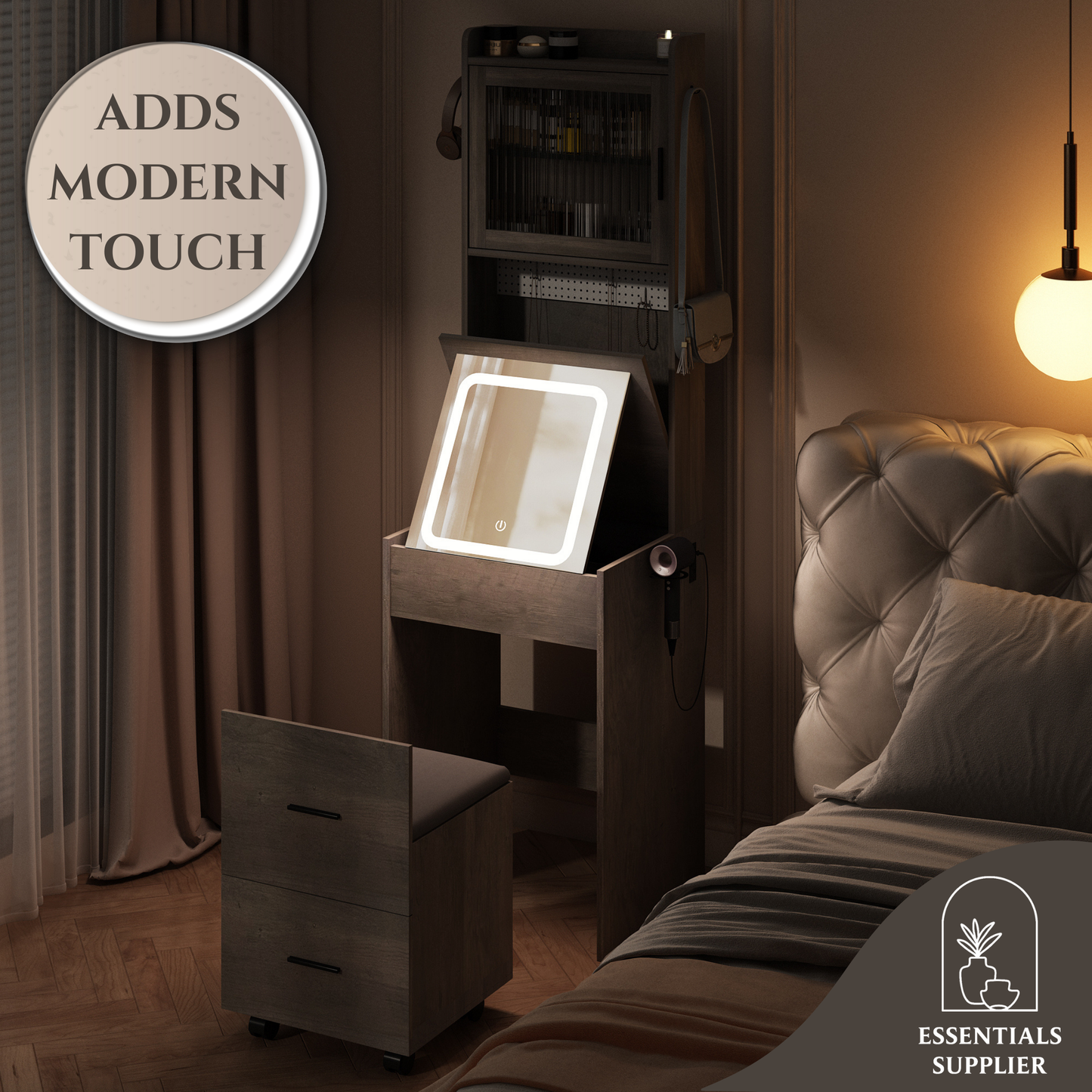 Compact Vanity Desk with Mirror, LED Lights, Charging Station & Stool, White