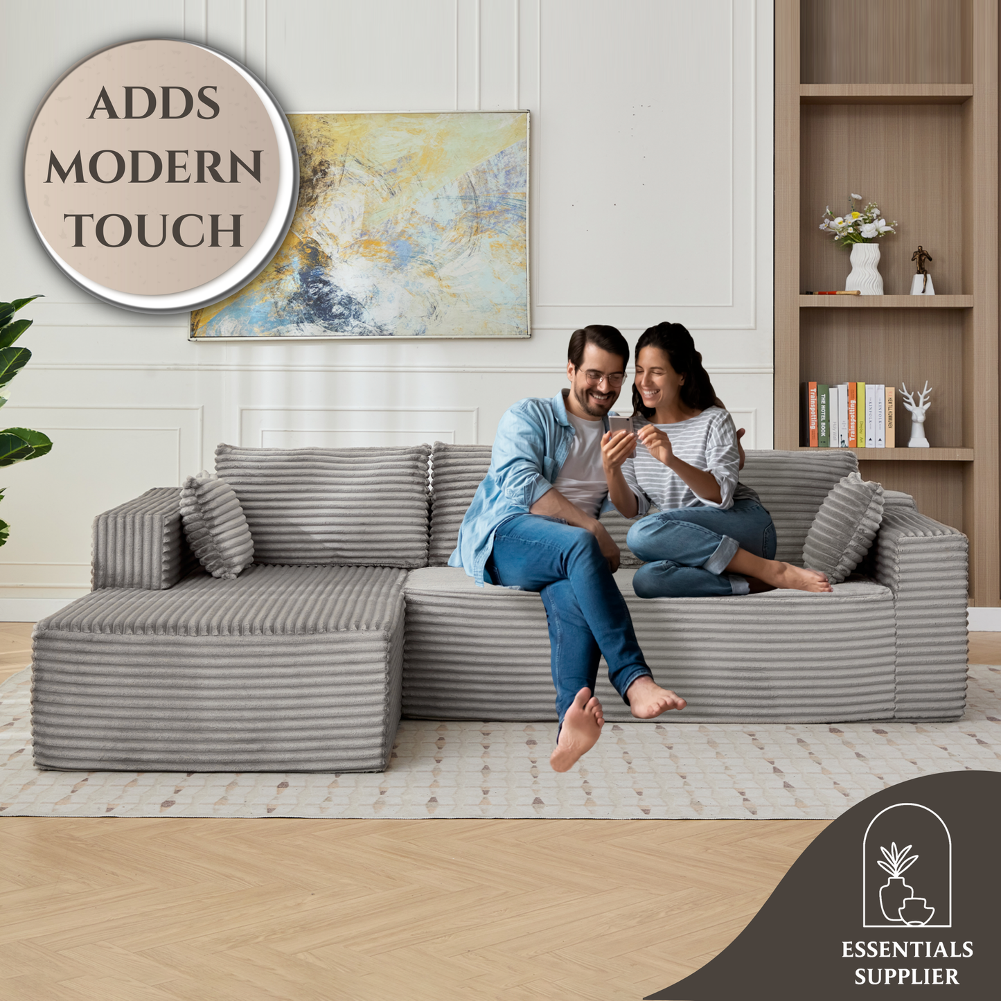 Modular L-Shaped Corduroy Sectional Sofa with Chaise – Grey