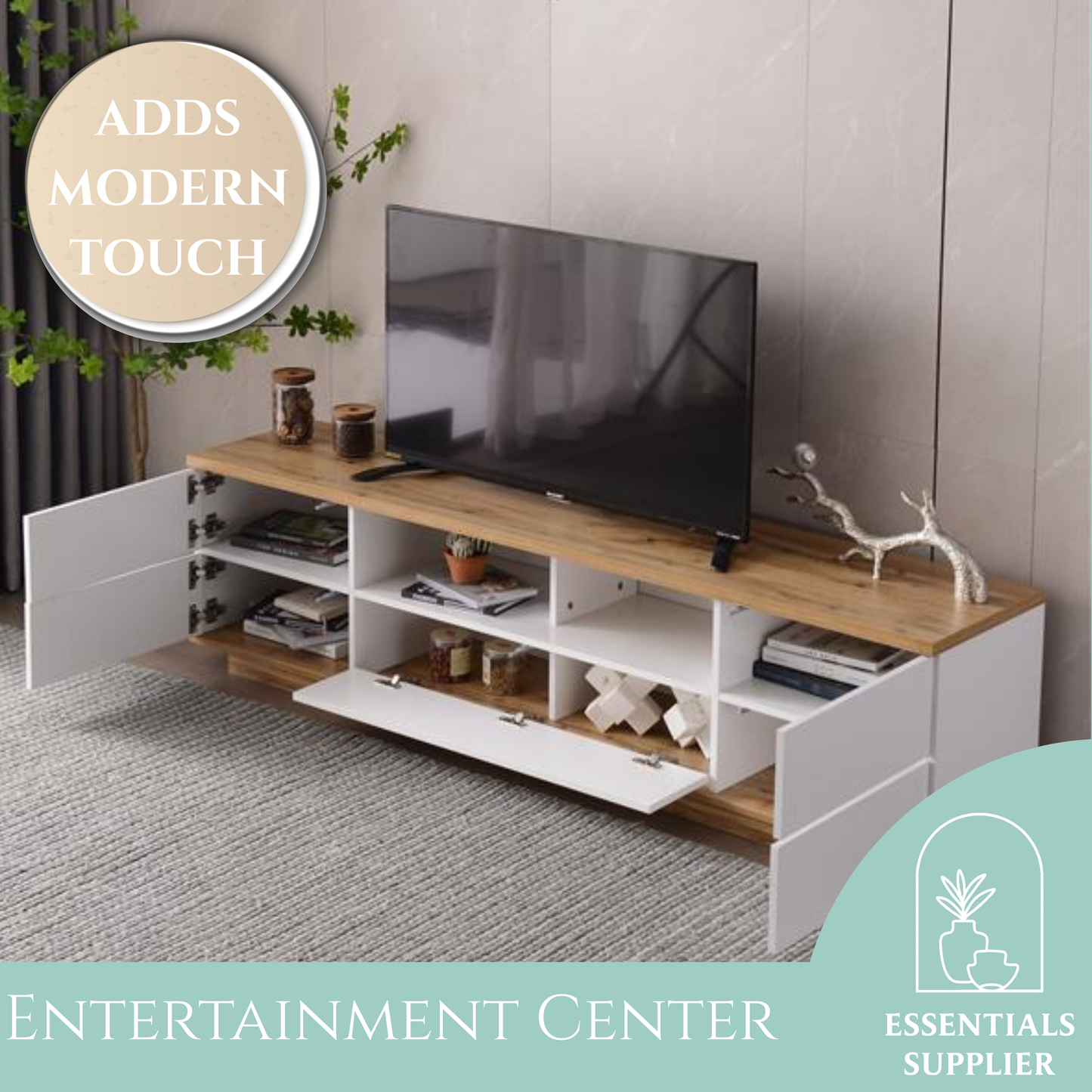 Modern TV Stand for 80'' TVs, Media Console with Storage & Rebound Doors
