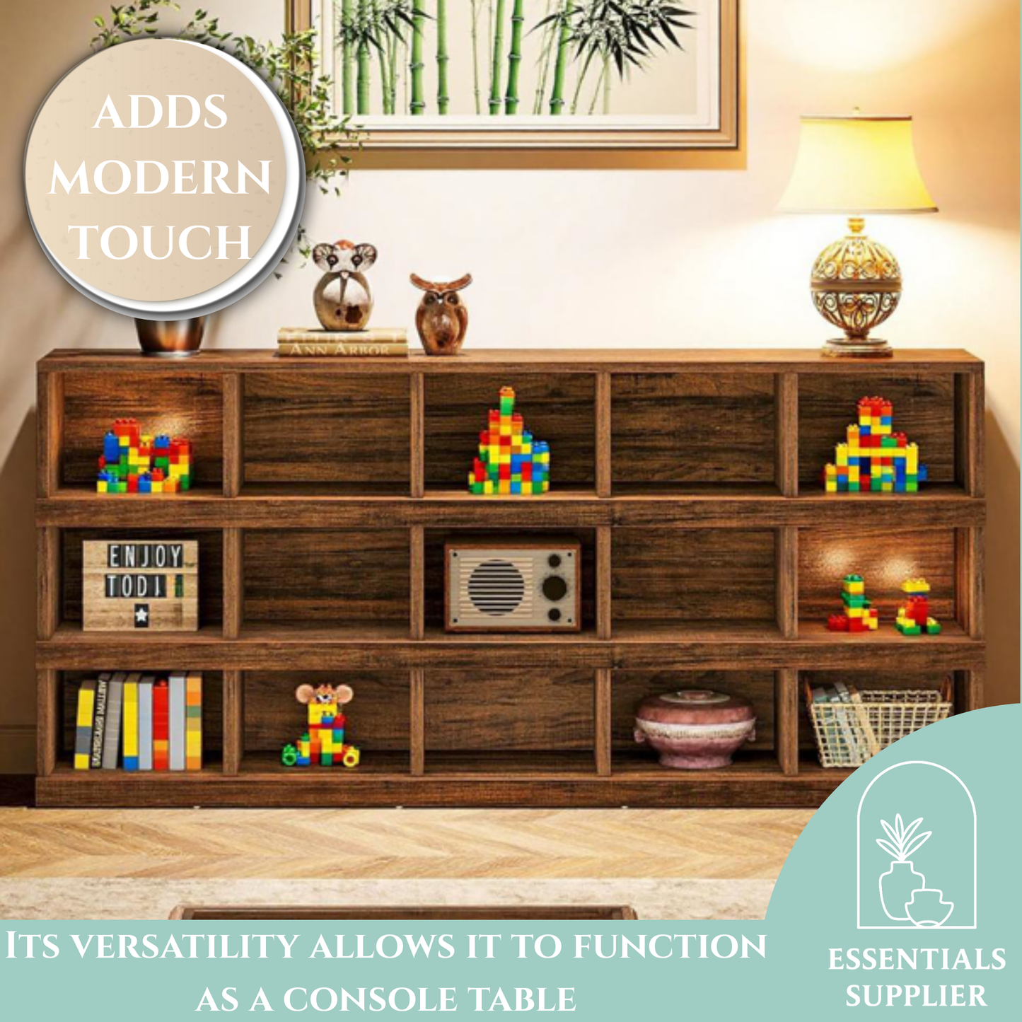 71" Rustic Brown Farmhouse Console Table – 4-Tier, 15-Cube Storage by Tribesigns