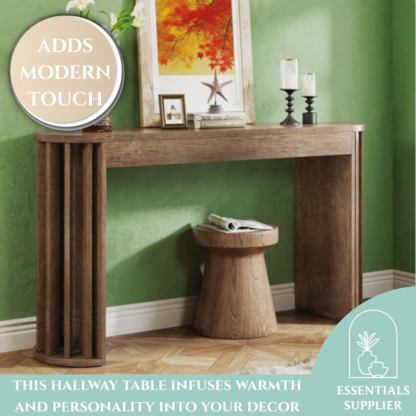 59" Vintage Wood Console Table with Curved Base – Rustic Entryway & Sofa Accent