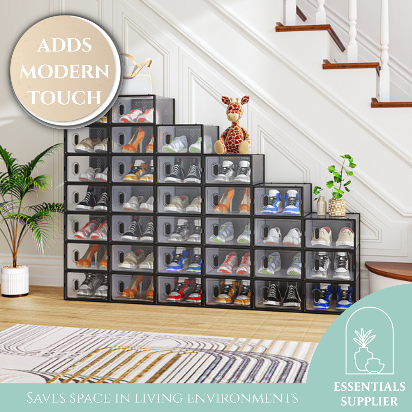 32PCS Black Plastic Mesh Shoe Boxes, Small Size, 33×23×14cm, Stackable
