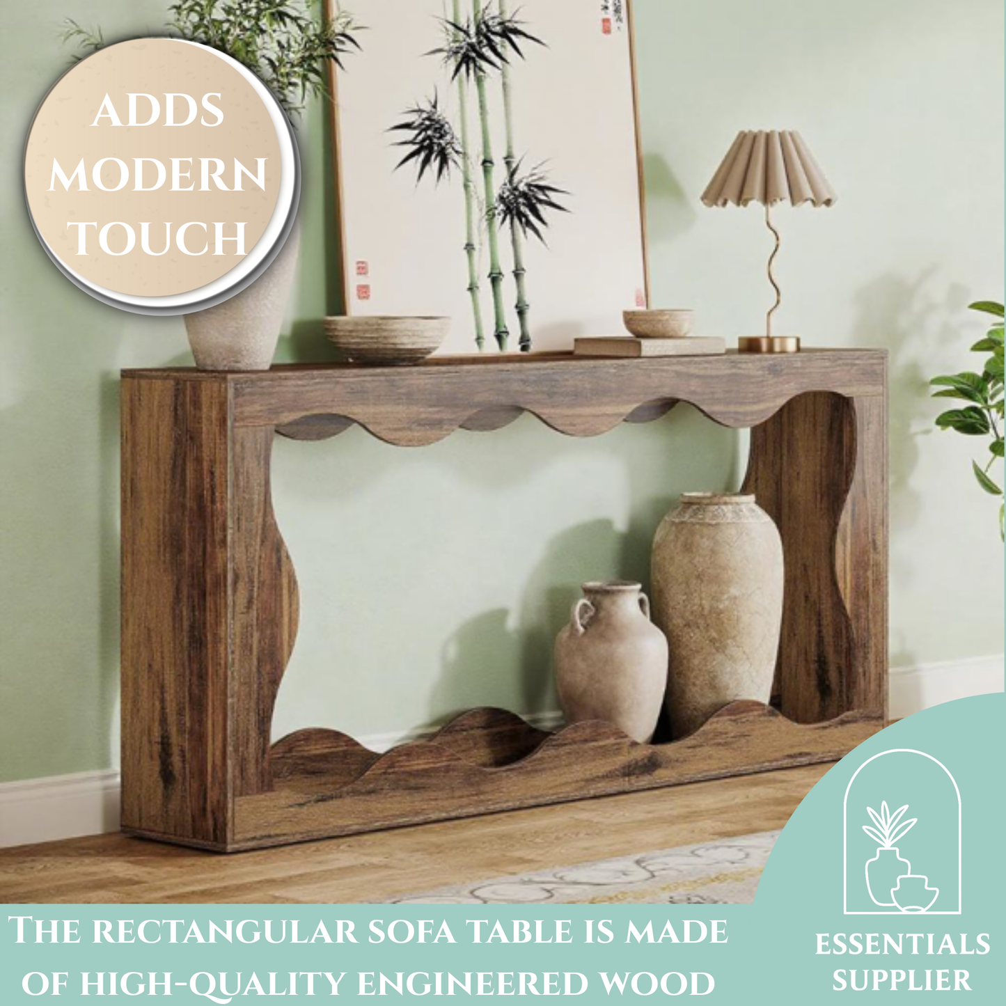 63" Farmhouse Wavy Scalloped Console Table – 2-Tier Entryway & Sofa Table