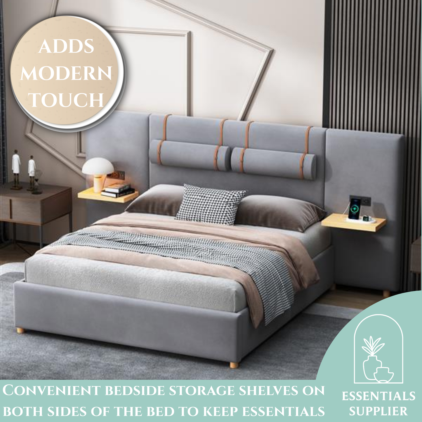 Queen Upholstered Platform Bed with USB Ports, Pillows & Storage Shelves – Gray