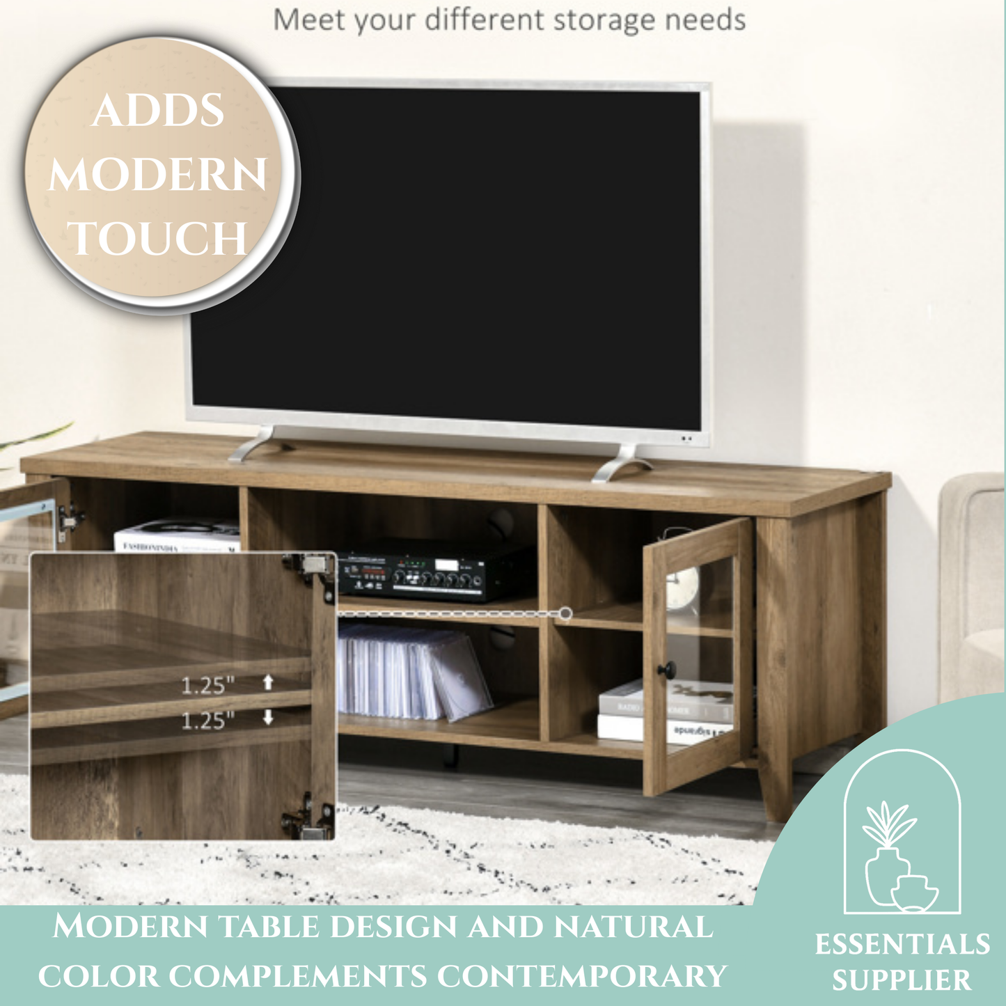 55" Brown LED TV Stand with Adjustable Shelves & Cable Management – Modern Cabinet