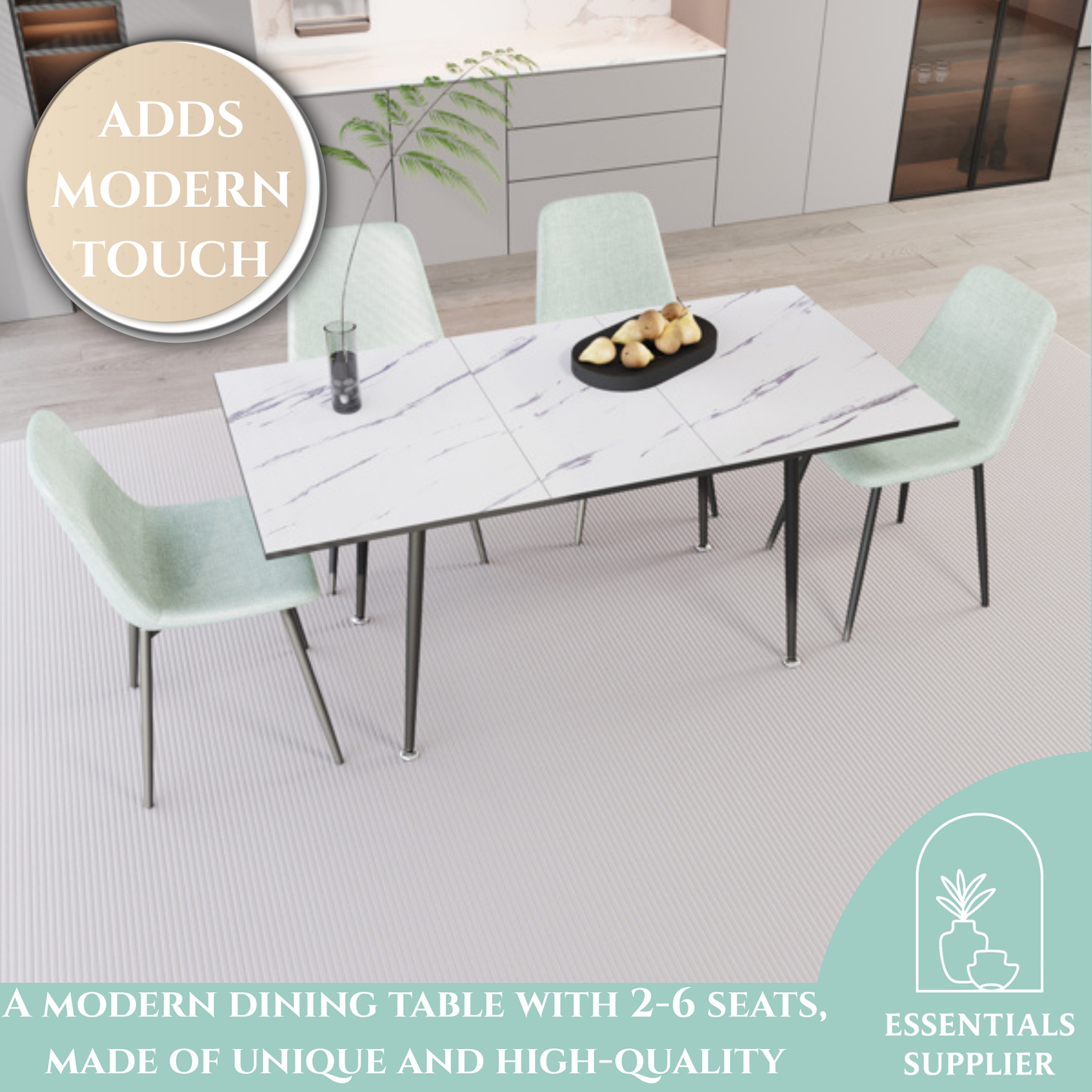Extendable White Dining Table Set with 4 Green Chairs – Seats 2–6