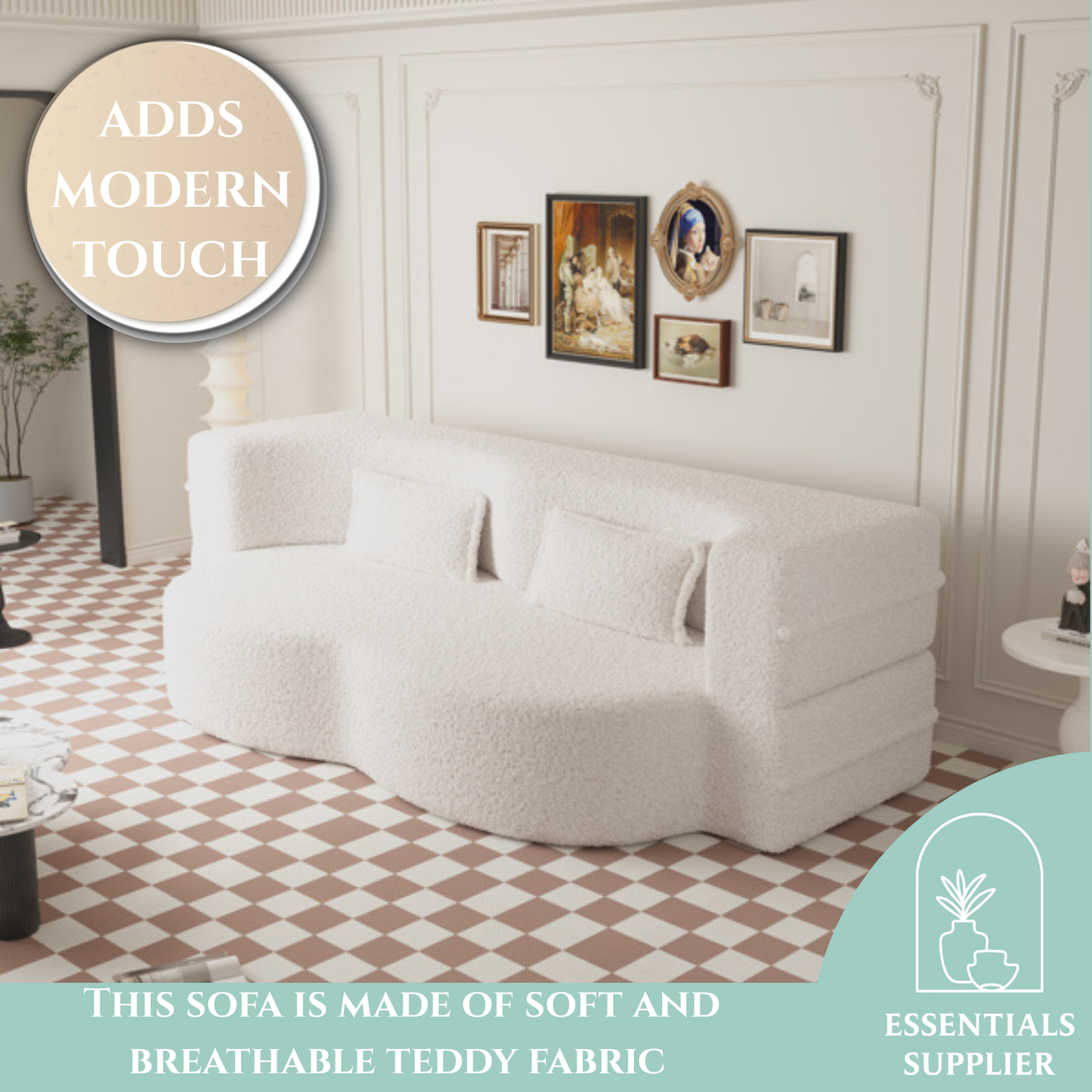 Modern Beige Teddy Fabric Floor Sofa Bed with 2 Pillows – Convertible & Space-Saving