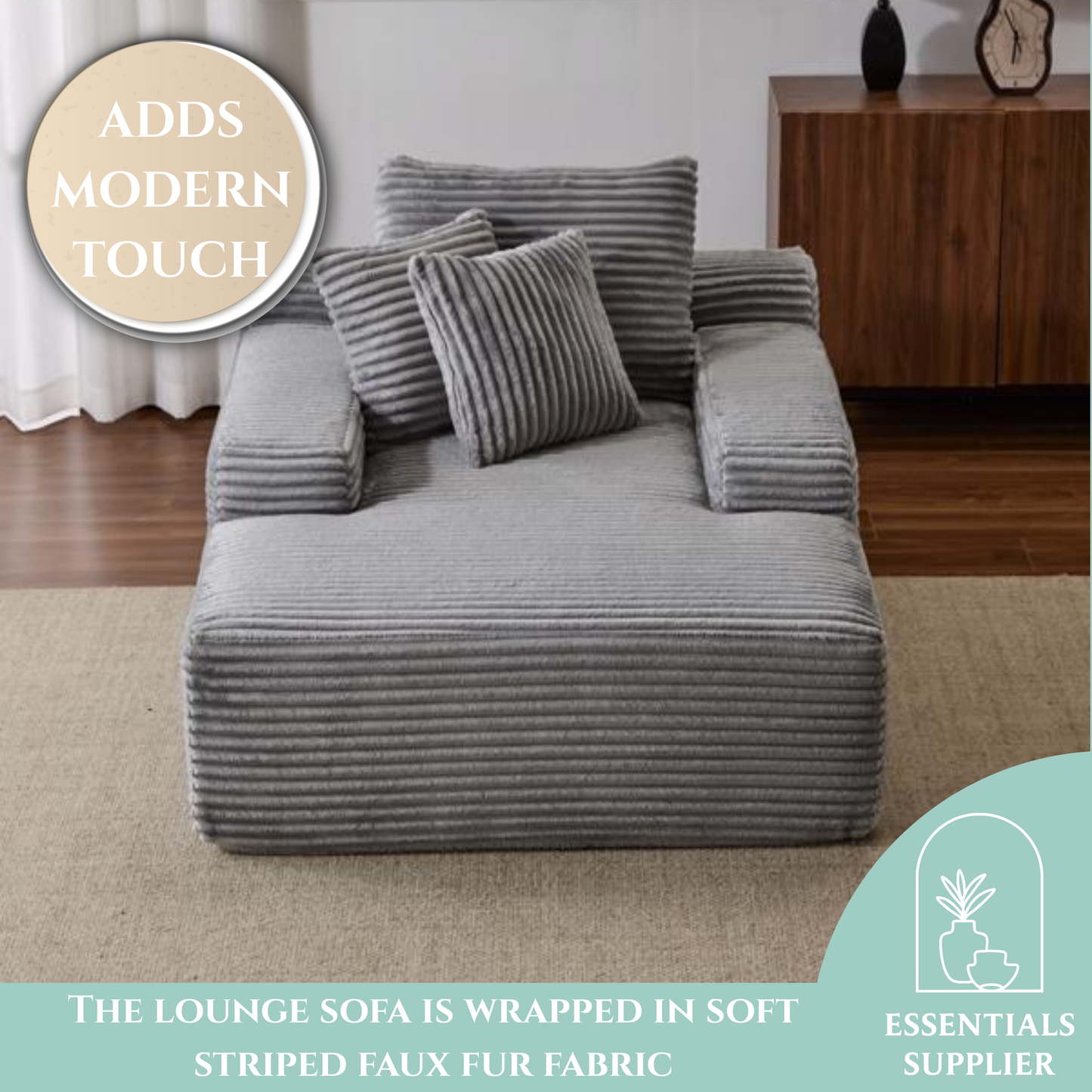 Oversized Chaise Lounge Chair – Plush Corduroy Cloud Couch with 3 Pillows, Grey