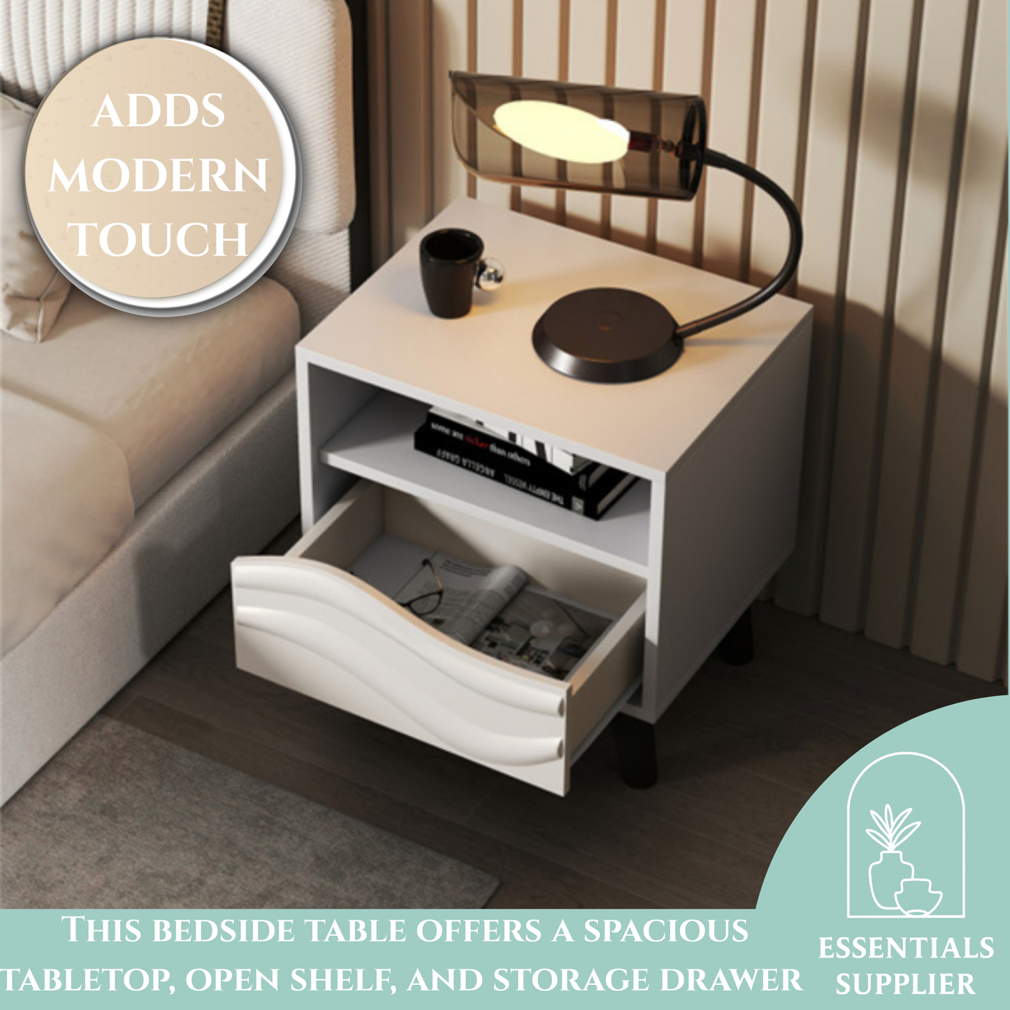 White Nightstand with Drawer & Open Shelf – Modern Compact Bedside Table