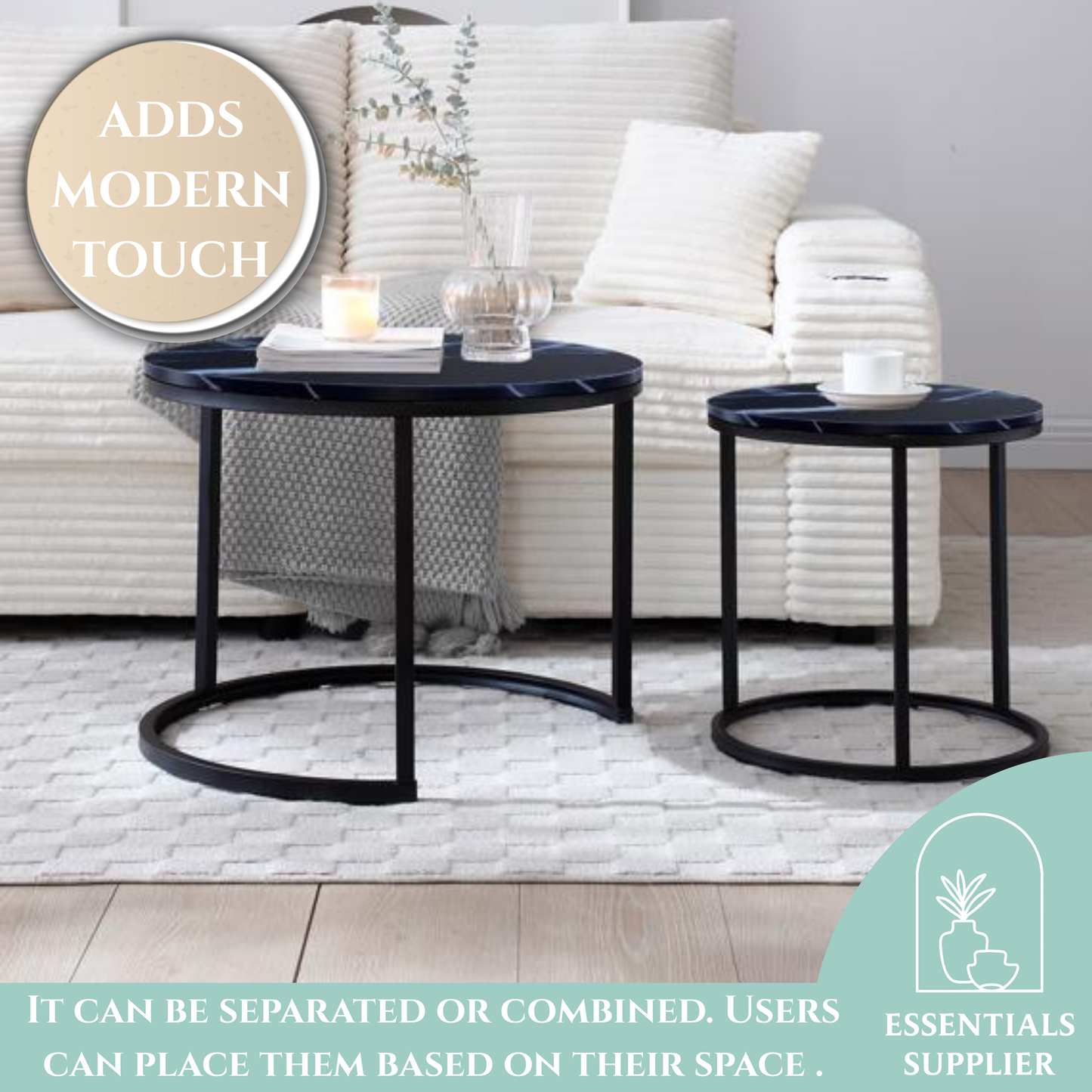 Set of 2 Nesting Coffee Tables – Round Black Frame with Marble Pattern Tops
