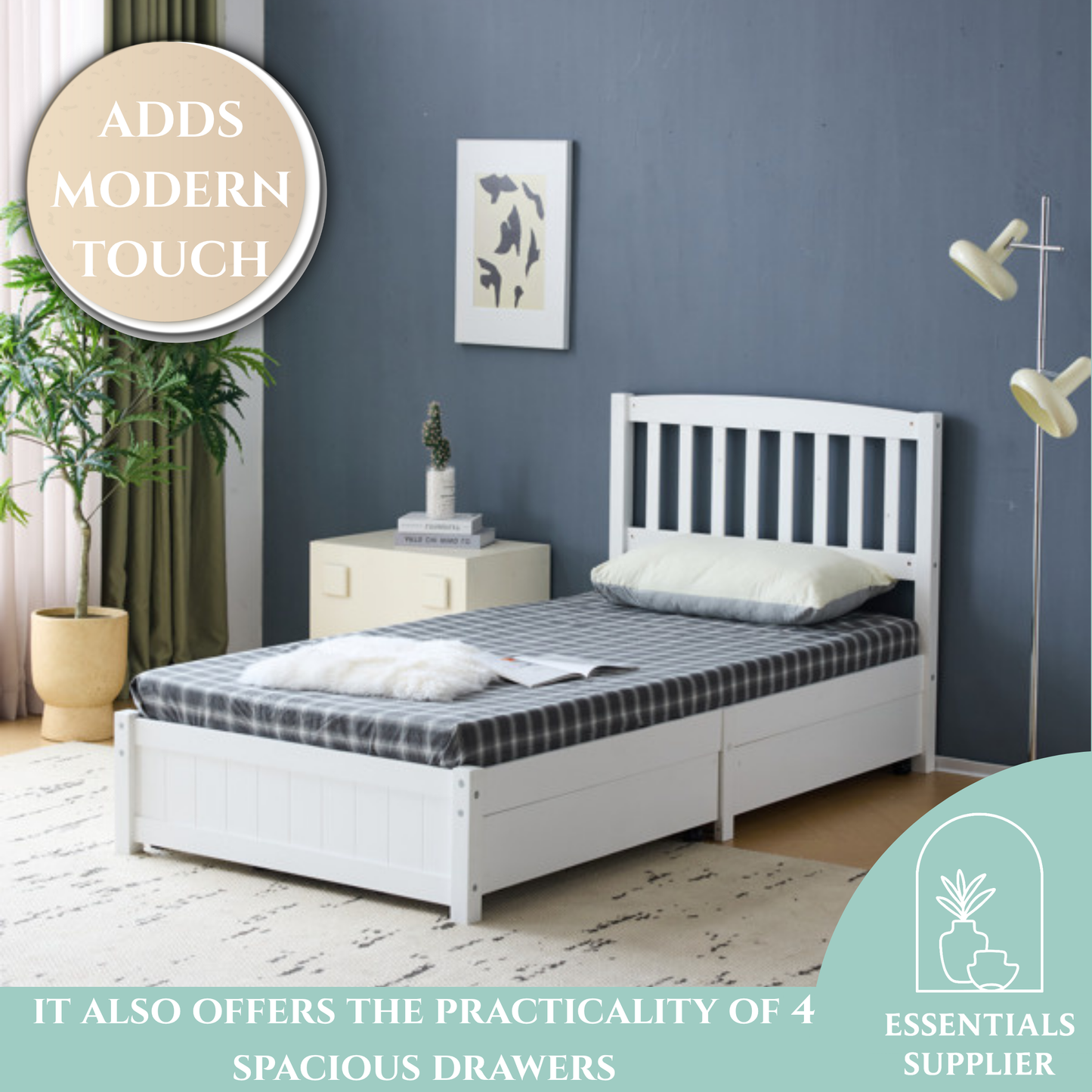 Twin Pine Wood Platform Bed with 4 Storage Drawers & Curved Headboard – White