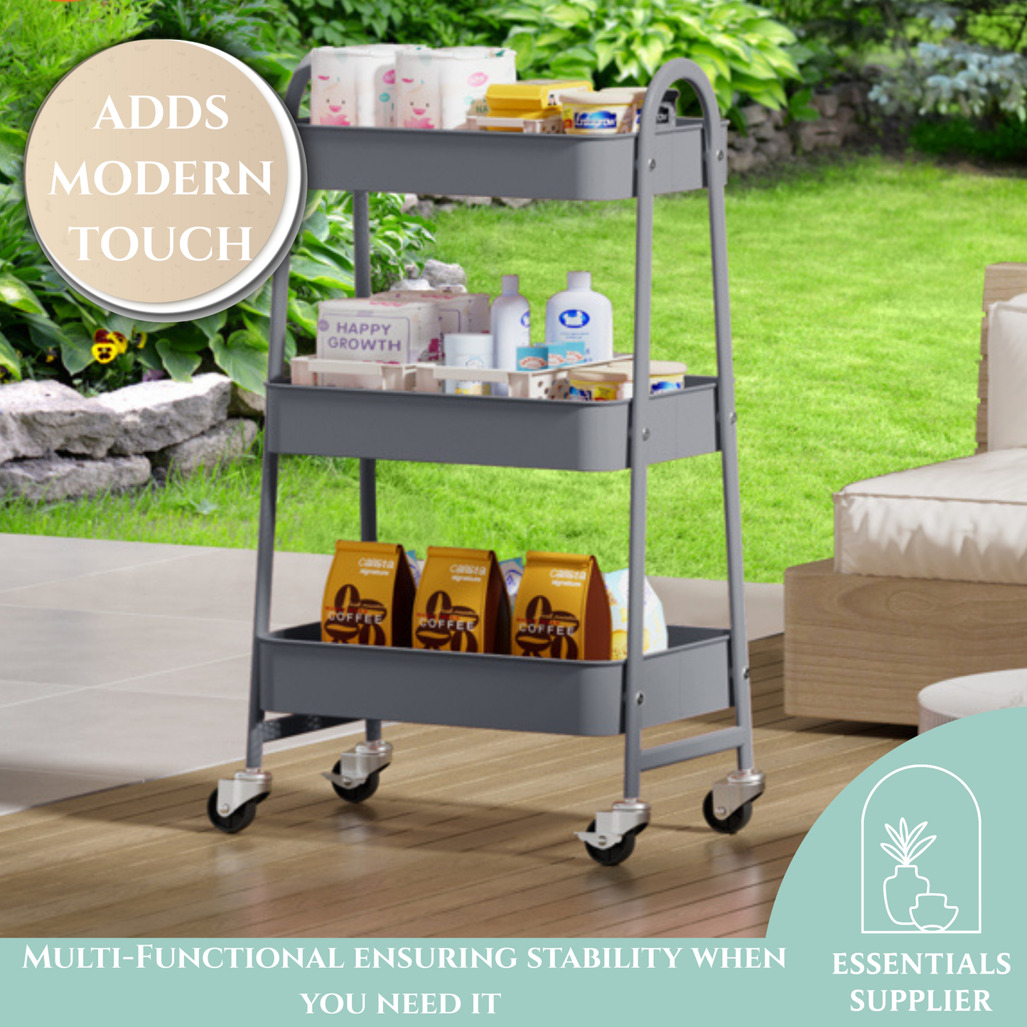 3-Tier Rolling Metal Utility Cart – Storage Organizer for Home & Office