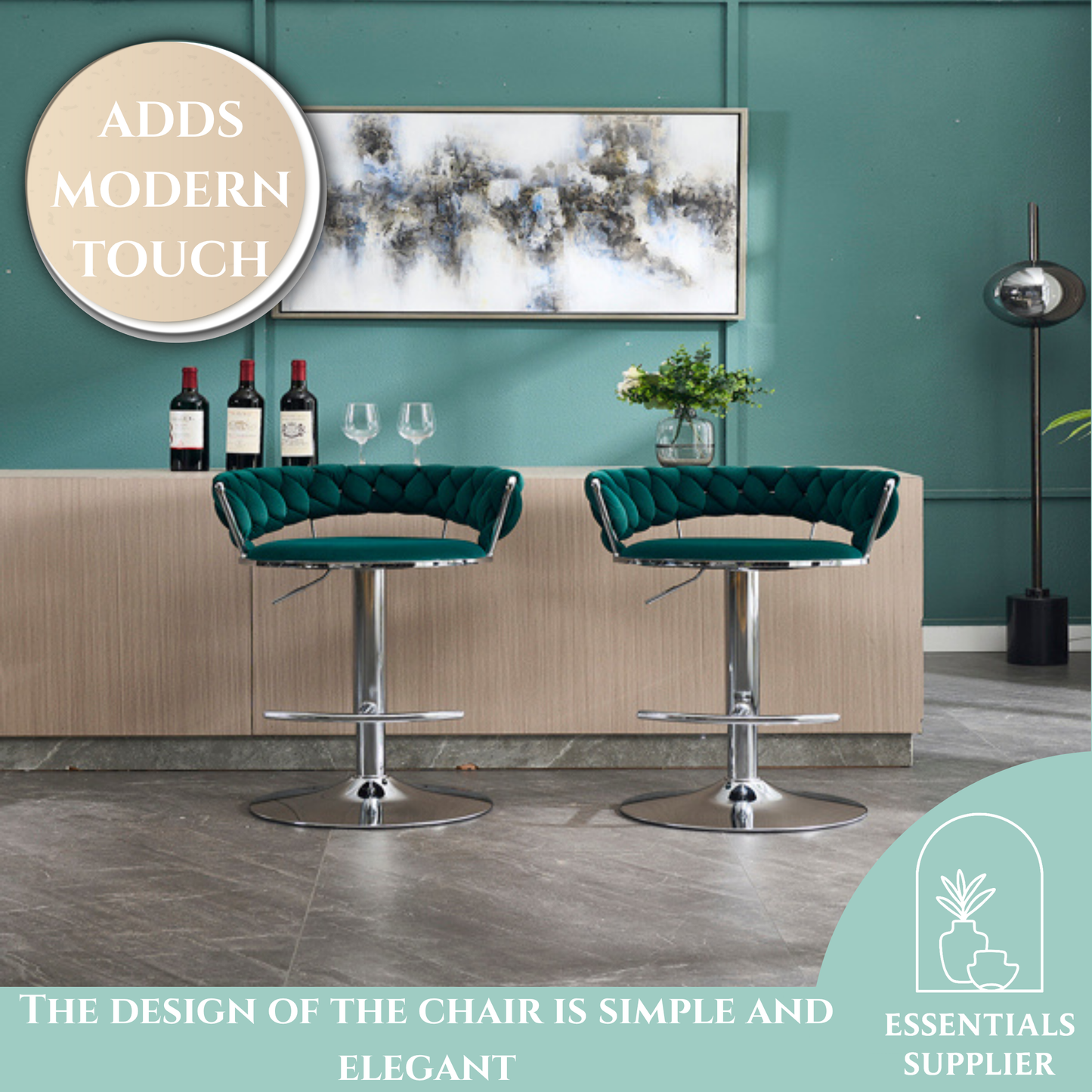 Set of 2 Green Velvet Bar Stools with Chrome Base & Swivel Adjustable Height
