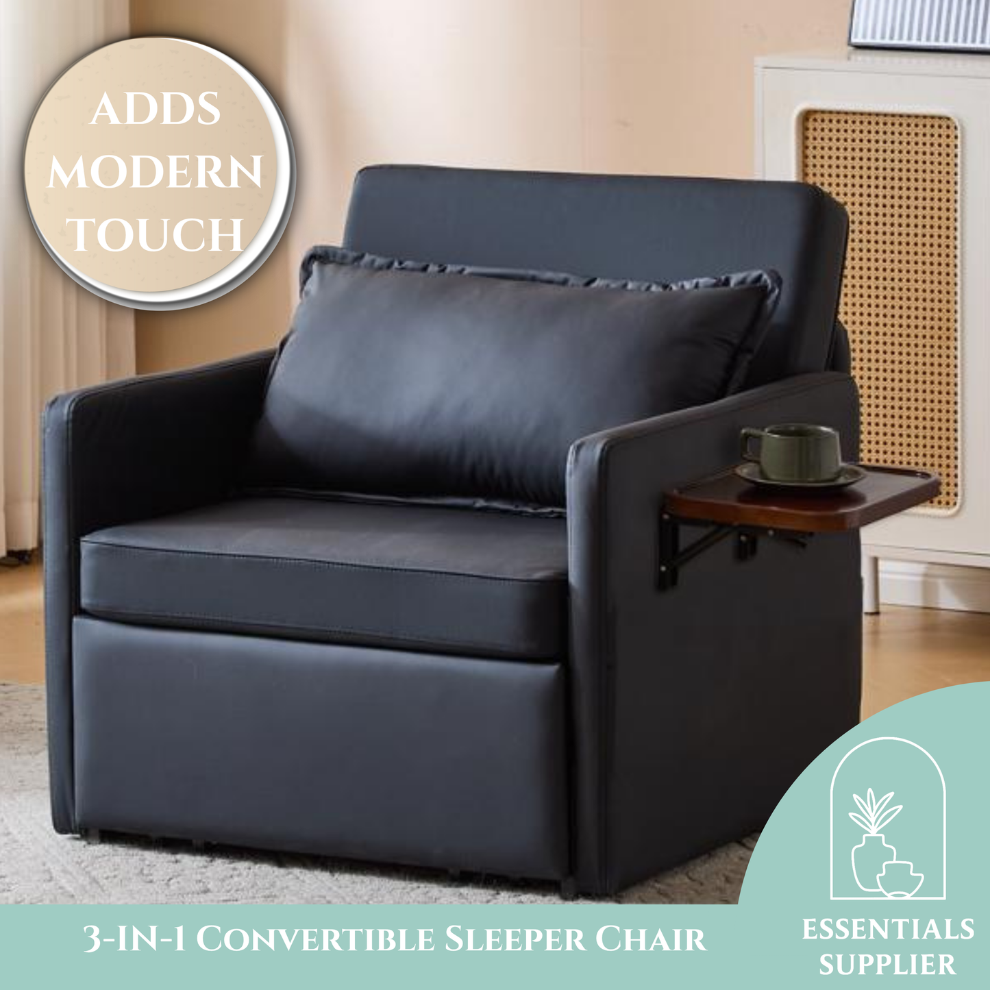 3-in-1 Sleeper Chair Bed with USB Tray, Black Leather Convertible Sofa