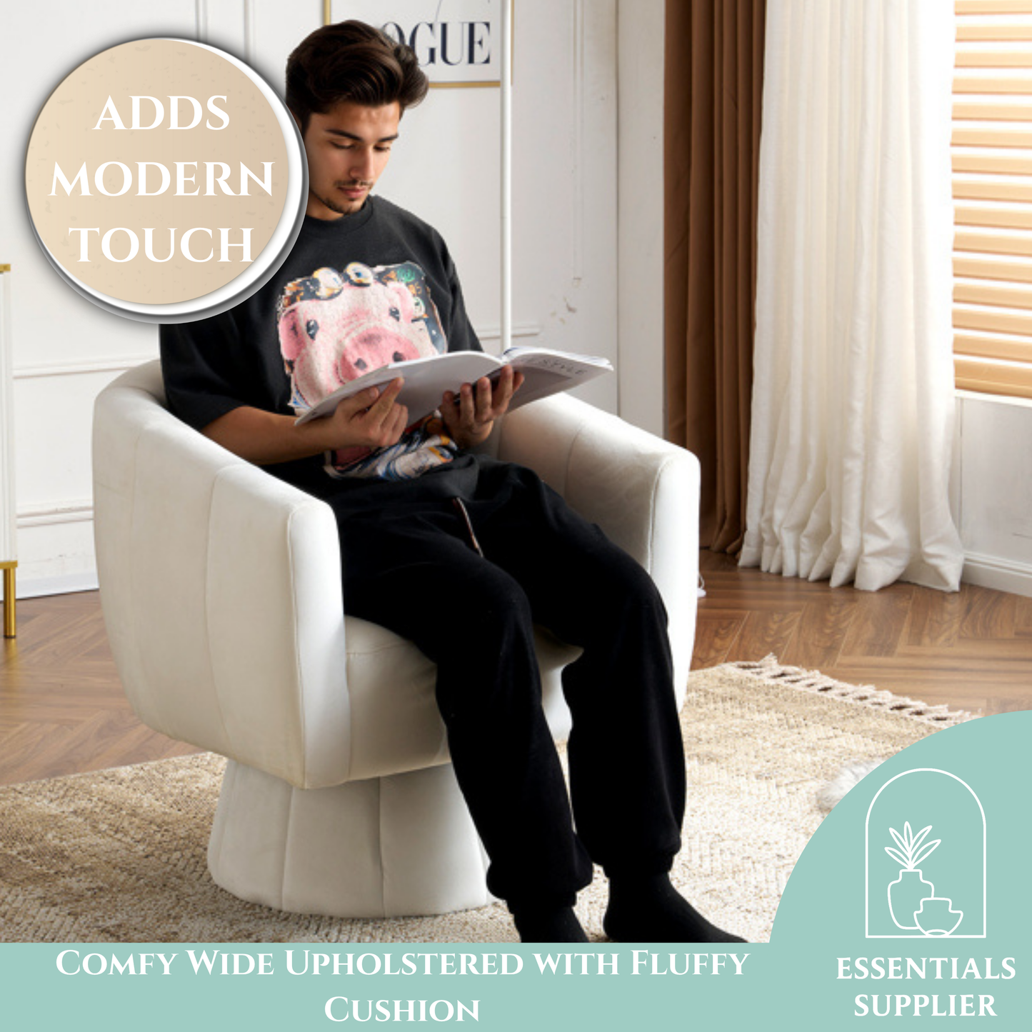 360° Swivel Velvet Accent Chair with Fluffy Cushion – Off White