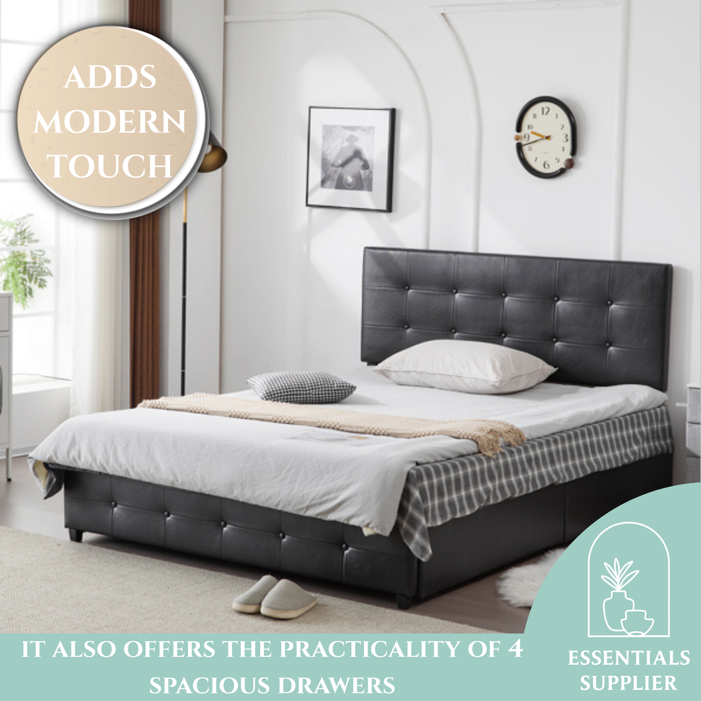 Queen Upholstered Platform Bed with 4 Drawers & Adjustable Tufted Headboard