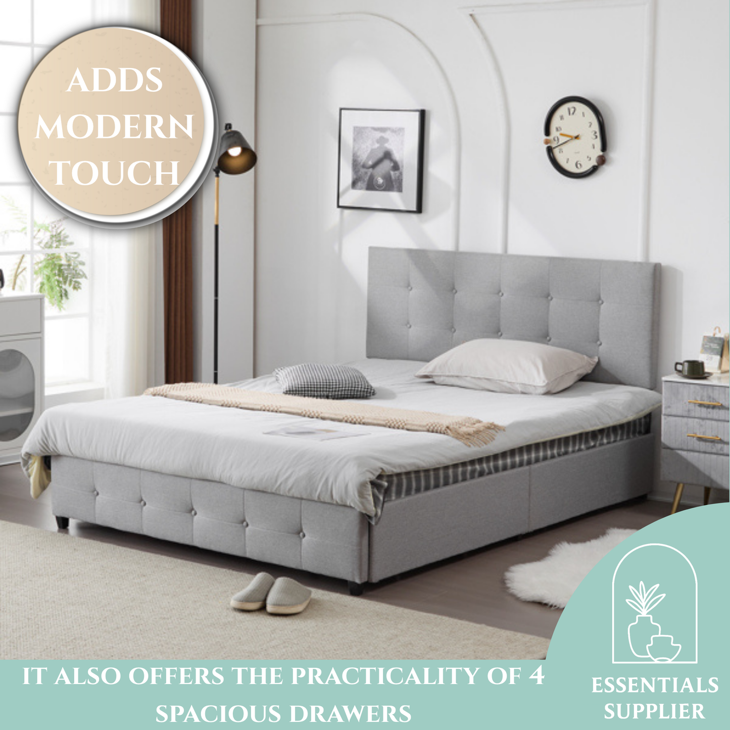 Queen Upholstered Platform Bed with 4 Drawers & Adjustable Tufted Headboard