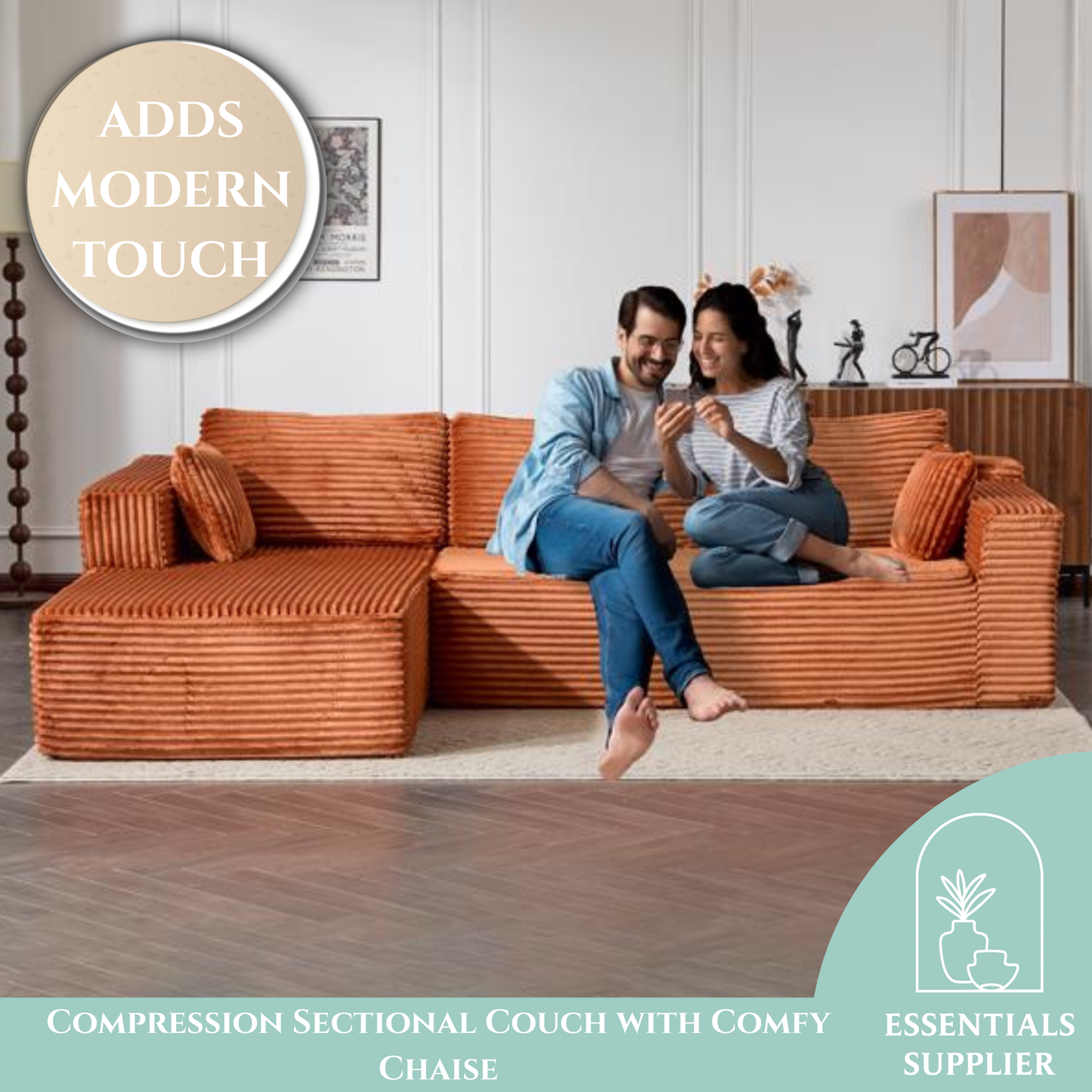 Modular L-Shaped Corduroy Sectional Sofa with Chaise – Brown