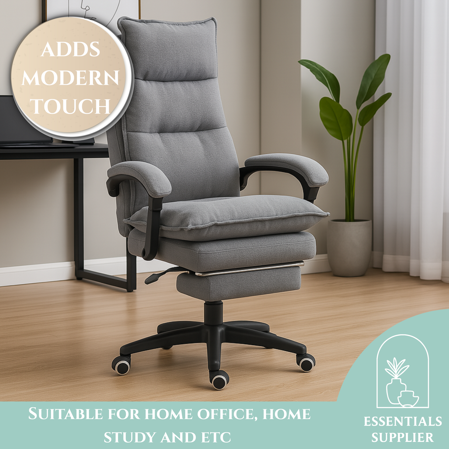 Grey High-Back Reclining Office Chair with Footrest & Linen-Style Upholstery