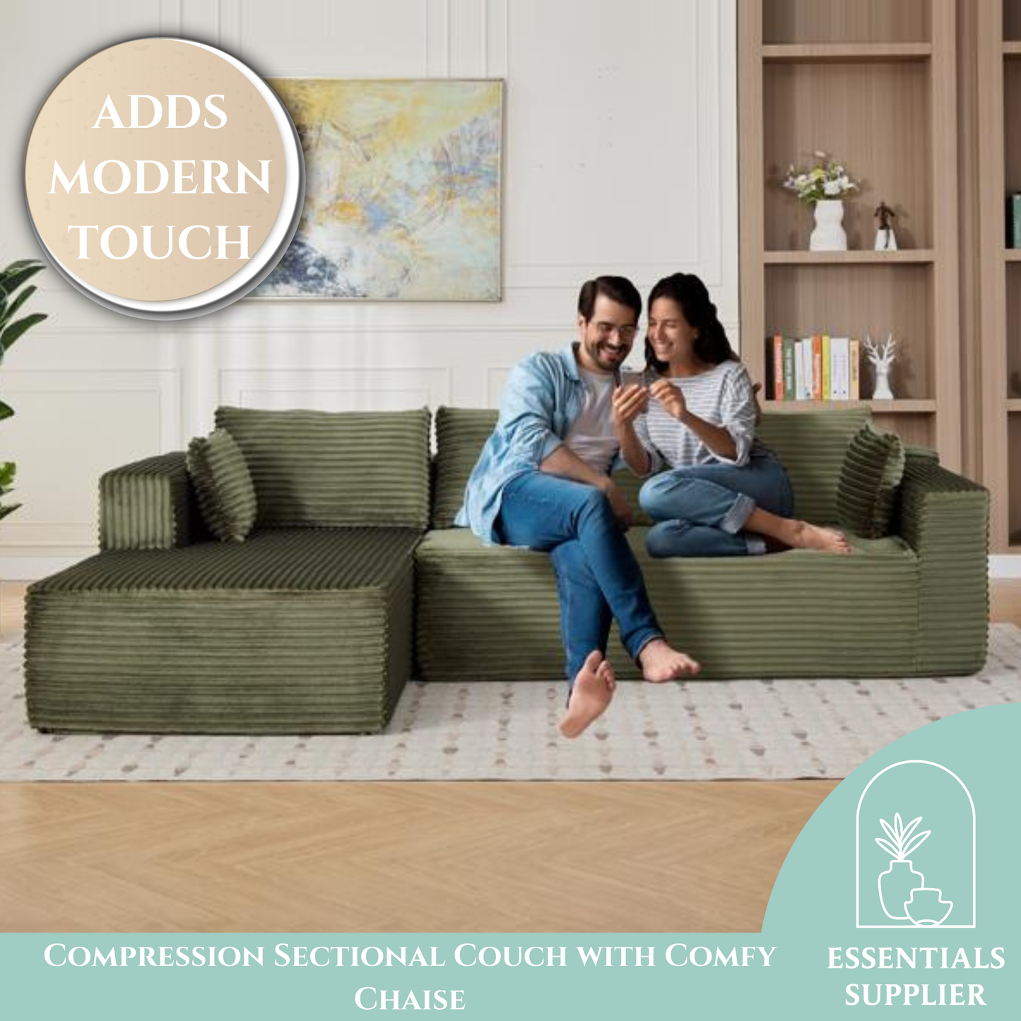 Modular L-Shaped Corduroy Sectional Sofa with Chaise – Green