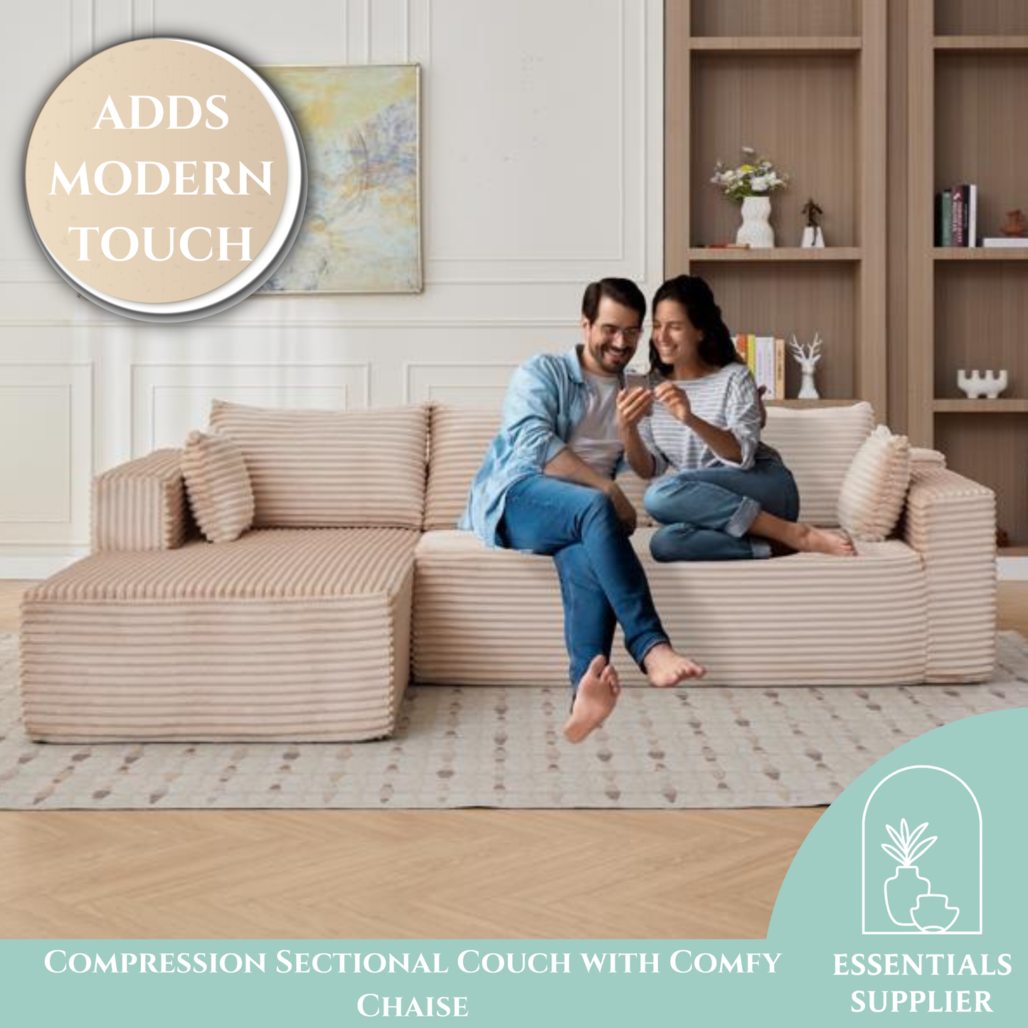 Modular L-Shaped Corduroy Sectional Sofa with Chaise – Beige