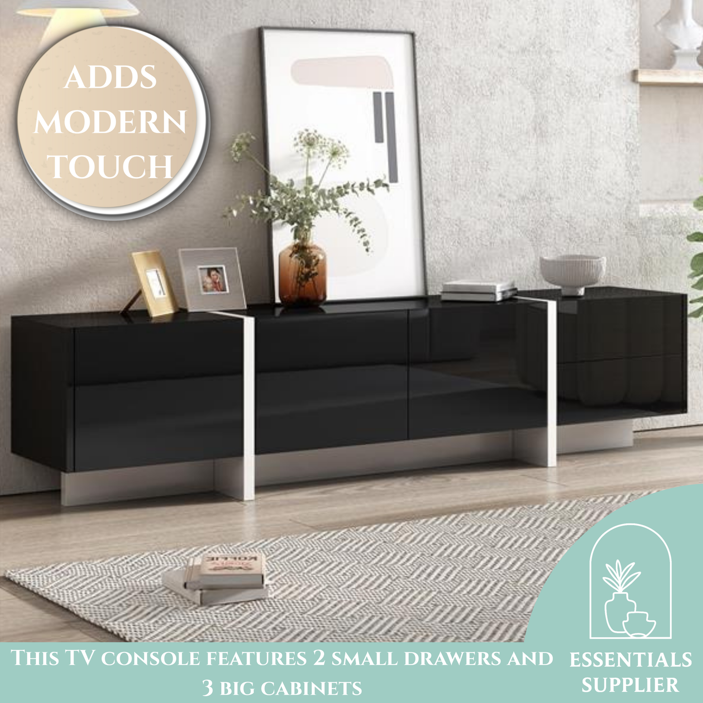 Modern Black & White TV Stand, Fits TVs Up to 80'', High Gloss Cabinet