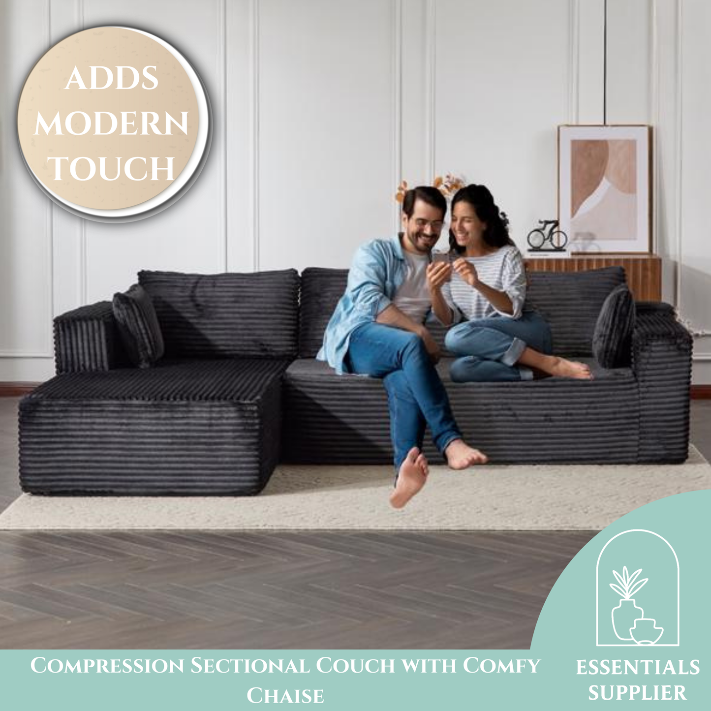 Modular L-Shaped Corduroy Sectional Sofa with Chaise – Black