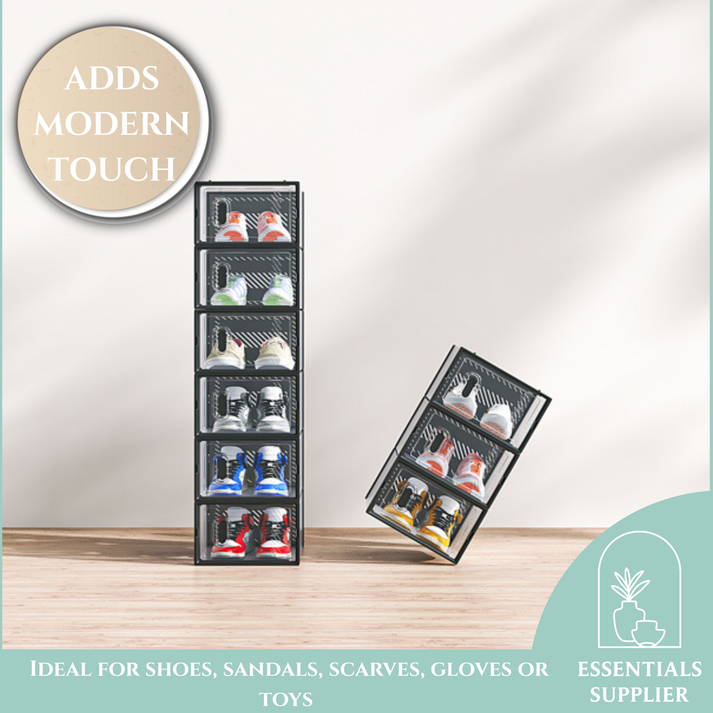 6-Pack Black Plastic Mesh Shoe Boxes – 33x23x14cm Modular Storage Set