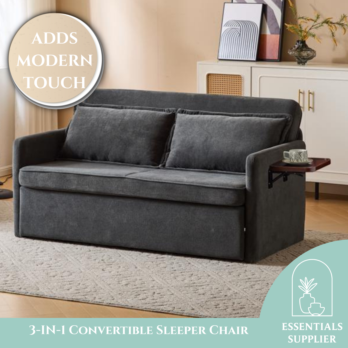 3-in-1 Sleeper Chair Bed with Tray & USB, Convertible Sofa in Dark Grey