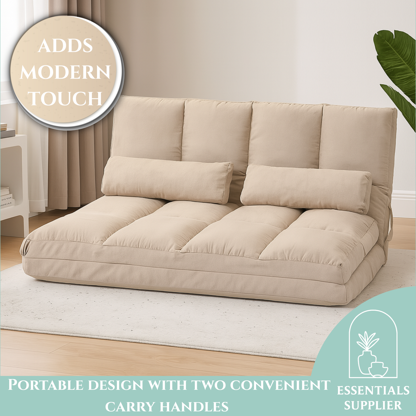 3-in-1 Adjustable Floor Sofa Bed with Backrest & Headrest – Beige
