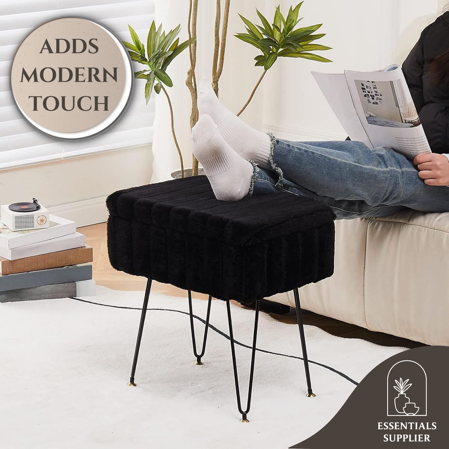 Faux Fur Ottoman with Storage – Vanity Stool & Footrest for Bedroom, Black