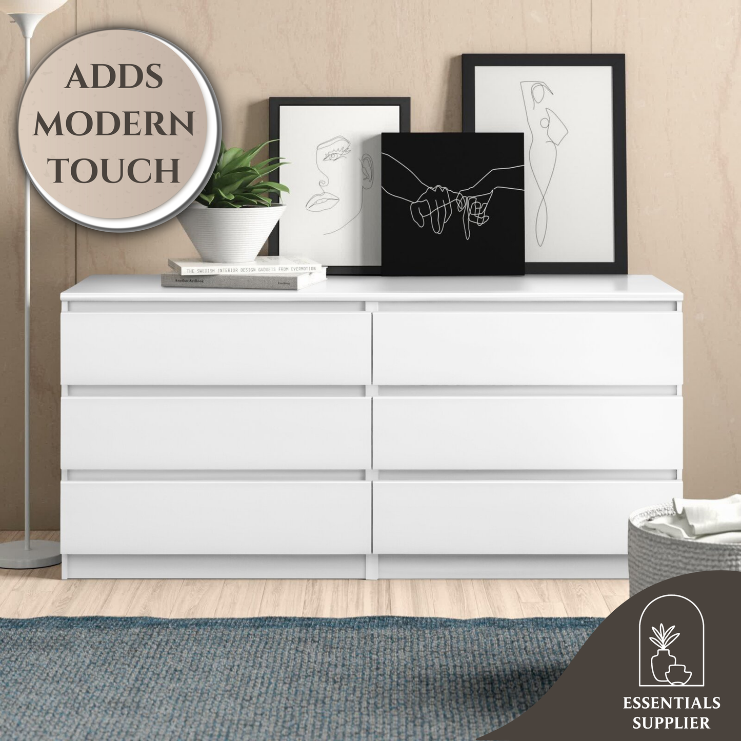 White 6 Drawer Double Dresser for Bedroom, Living Room, or Hallway Use