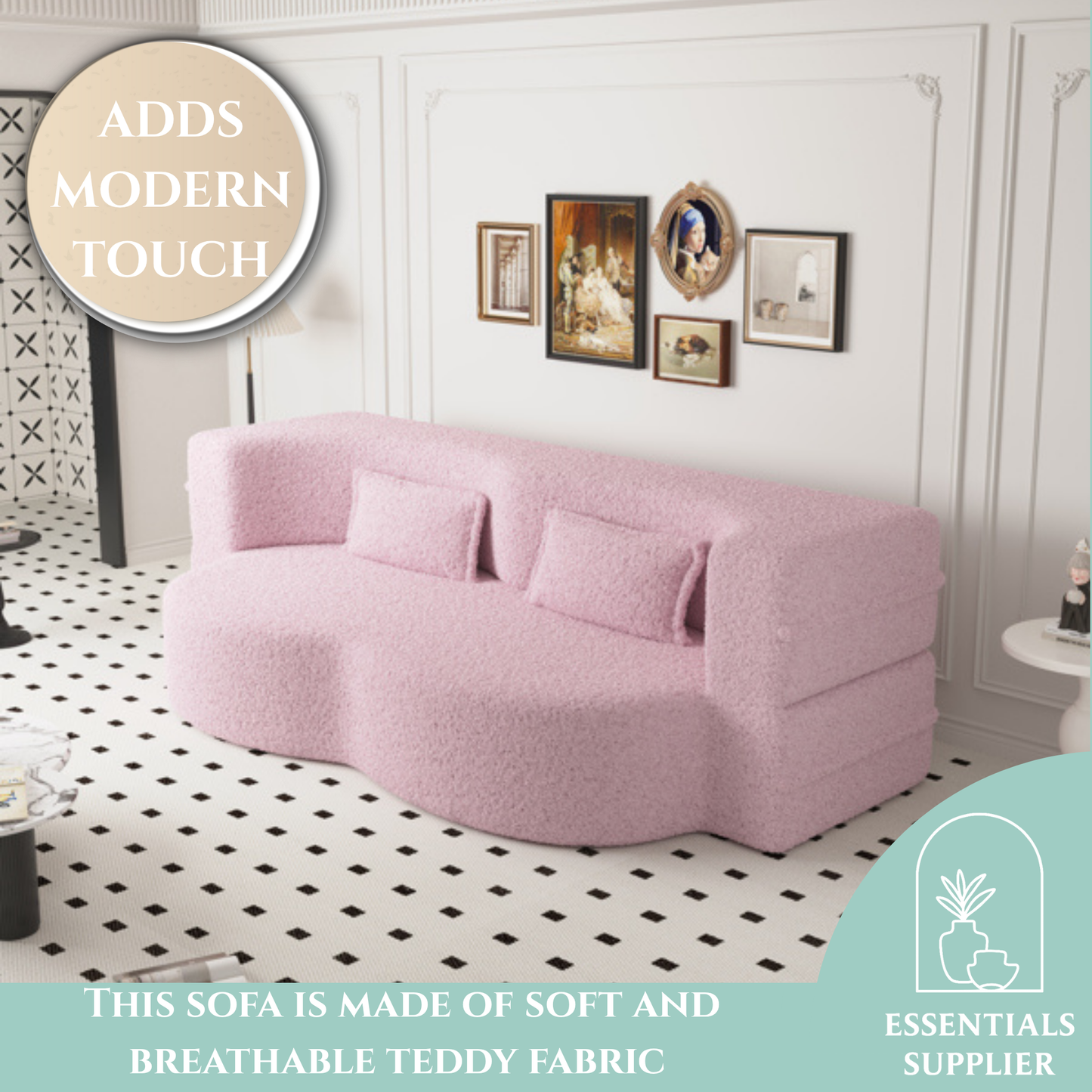 Modern Pink Teddy Fabric Floor Sofa Bed with 2 Pillows – Convertible & Space-Saving